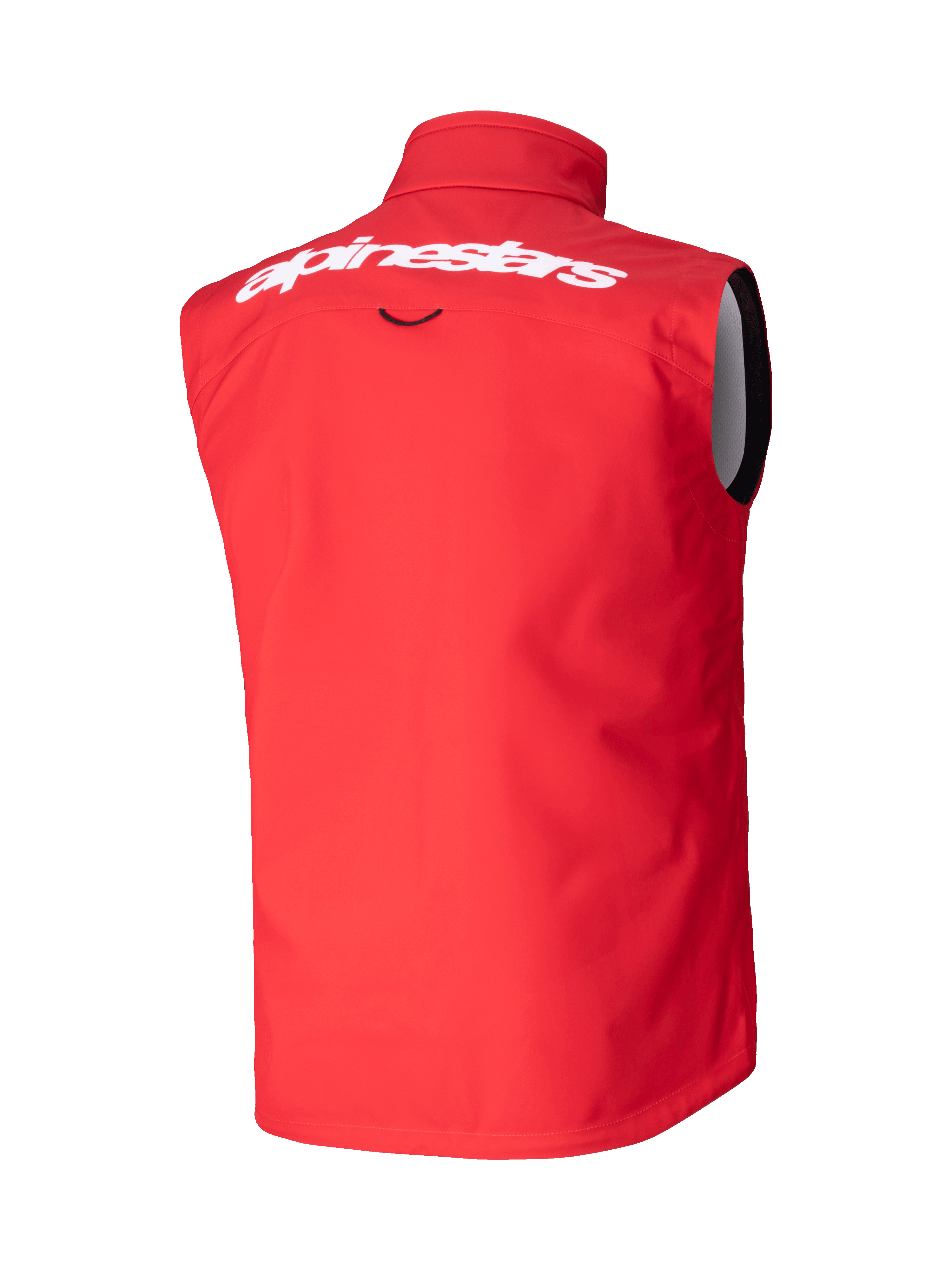 Alpinestars Techstar Softshell Vest, motorcross vest, felrood, achteraanzicht met wit Alpinestars-woordmerk op de bovenrug, winddicht stretch softshell-materiaal, ergonomisch mouwloos ontwerp voor off-road rijden
