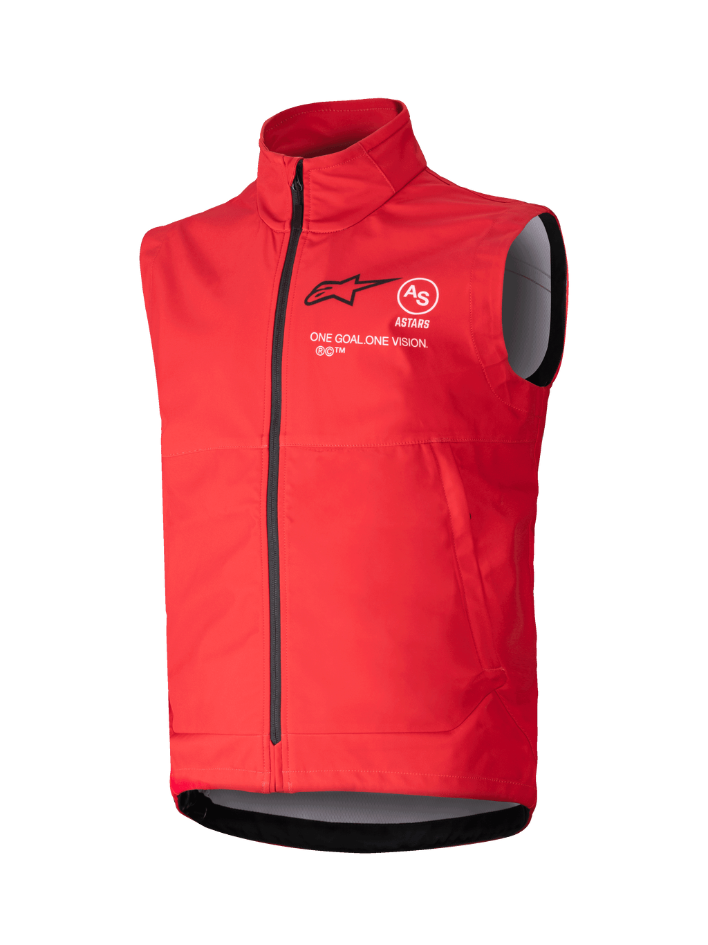 Alpinestars Techstar Softshell Vest, helderrood mouwloos winddicht vest, hoge kraag met zwarte rits, witte en zwarte ASTARS-branding met 'ONE GOAL ONE VISION' motto op de borst, grijze binnenvoering, sportief ontwerp voor motorcross