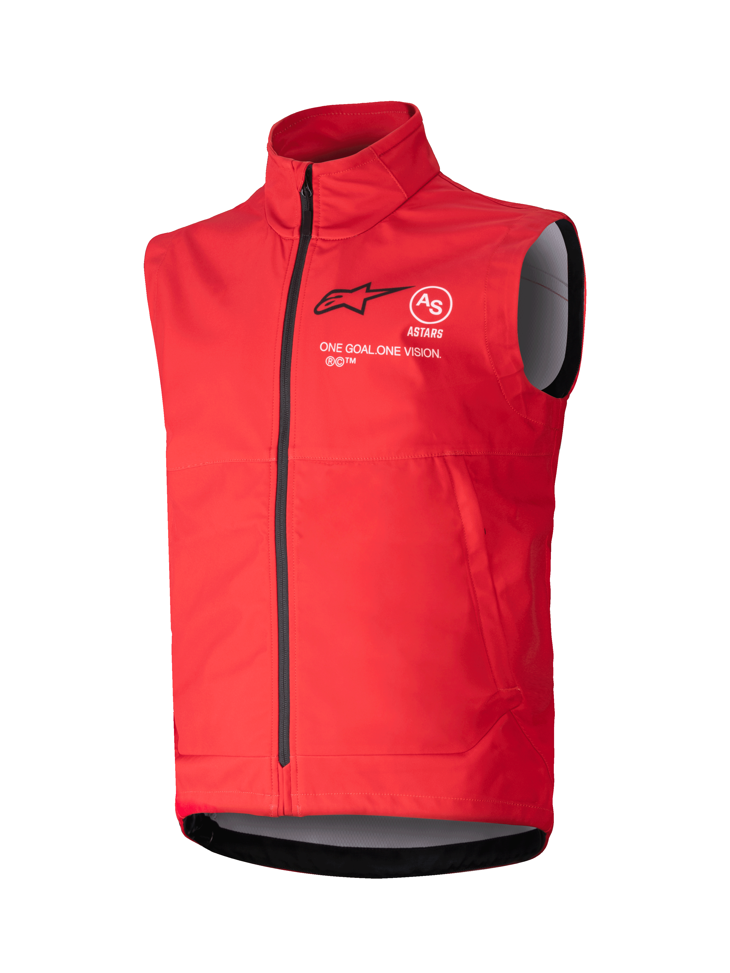 Alpinestars Techstar Softshell Vest, helderrood mouwloos winddicht vest, hoge kraag met zwarte rits, witte en zwarte ASTARS-branding met 'ONE GOAL ONE VISION' motto op de borst, grijze binnenvoering, sportief ontwerp voor motorcross