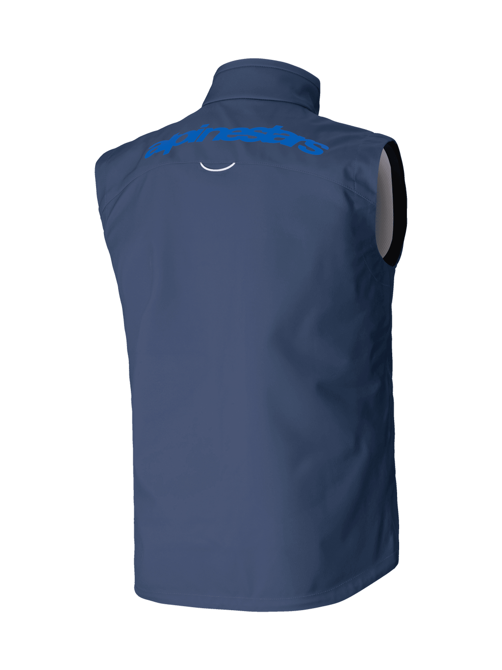 Alpinestars Techstar Softshell Vest, marineblauw, achteraanzicht met lichtblauw Alpinestars woordmerk op de schouders, winddichte stretch softshell constructie voor motorcross en off-road rijden