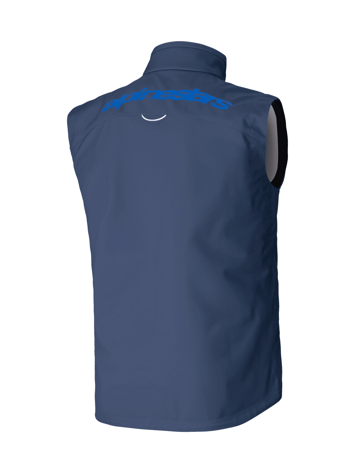 Alpinestars Techstar Softshell Vest, marineblauw, achteraanzicht met lichtblauw Alpinestars woordmerk op de schouders, winddichte stretch softshell constructie voor motorcross en off-road rijden