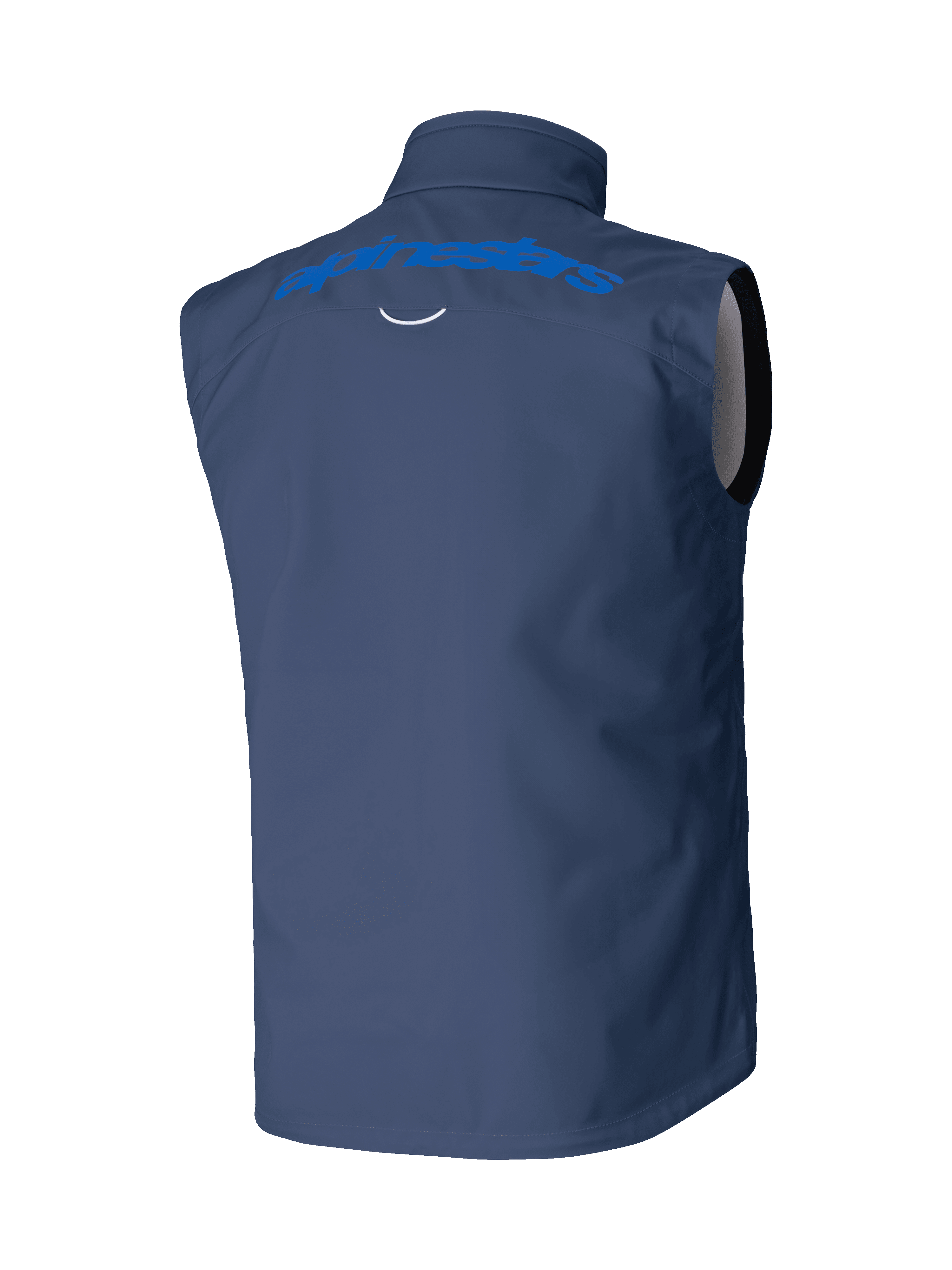 Alpinestars Techstar Softshell Vest, marineblauw, achteraanzicht met lichtblauw Alpinestars woordmerk op de schouders, winddichte stretch softshell constructie voor motorcross en off-road rijden