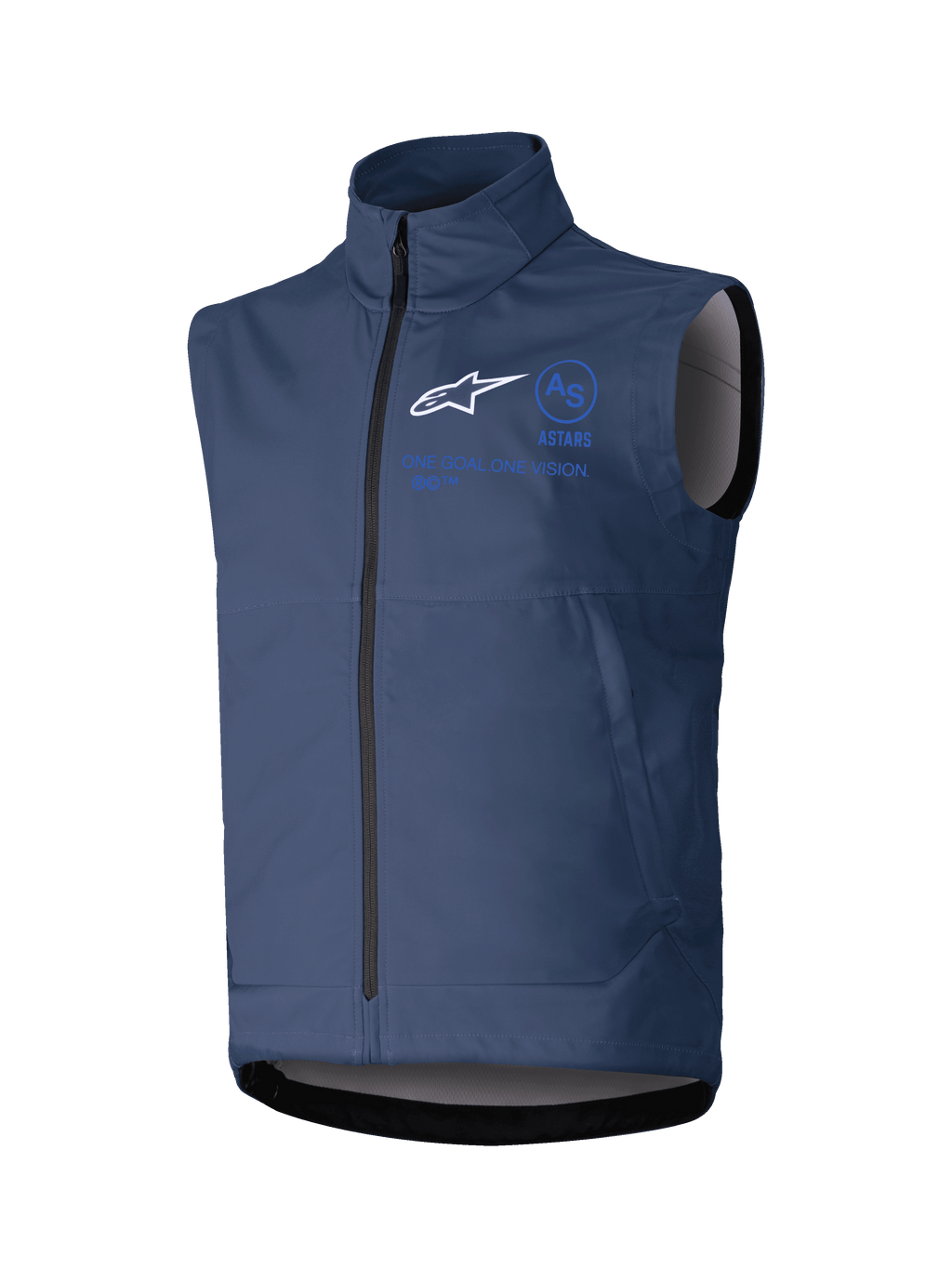 Alpinestars Techstar Softshell Vest, donkerblauw, mouwloze motorjas, hoge kraag met ritssluiting aan de voorzijde, wit ASTARS-logo en blauwe branding, technische softshell-stof voor off-road ritten