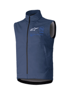 Alpinestars Techstar Softshell Vest, donkerblauw, mouwloze motorjas, hoge kraag met ritssluiting aan de voorzijde, wit ASTARS-logo en blauwe branding, technische softshell-stof voor off-road ritten