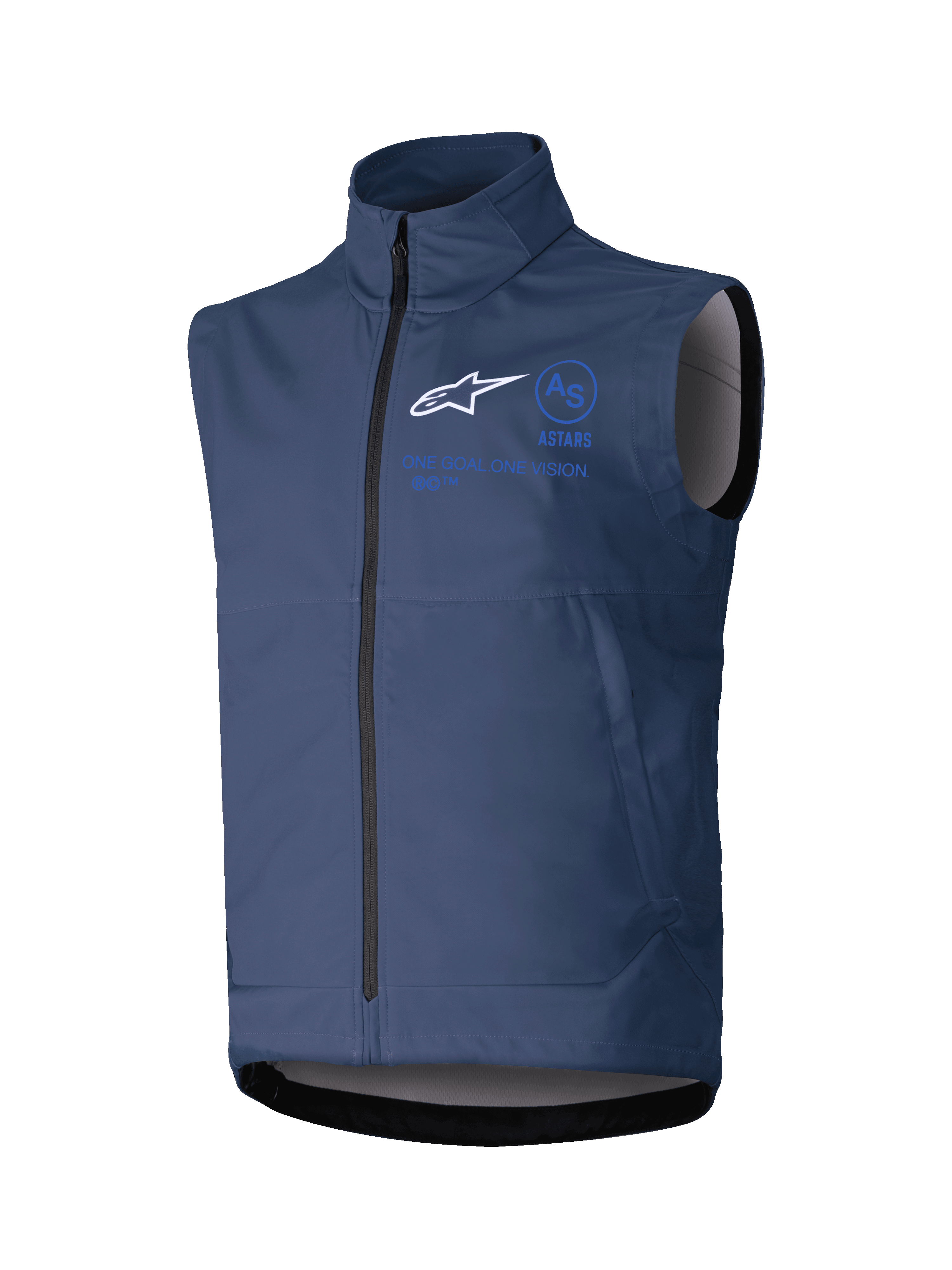 Alpinestars Techstar Softshell Vest, donkerblauw, mouwloze motorjas, hoge kraag met ritssluiting aan de voorzijde, wit ASTARS-logo en blauwe branding, technische softshell-stof voor off-road ritten