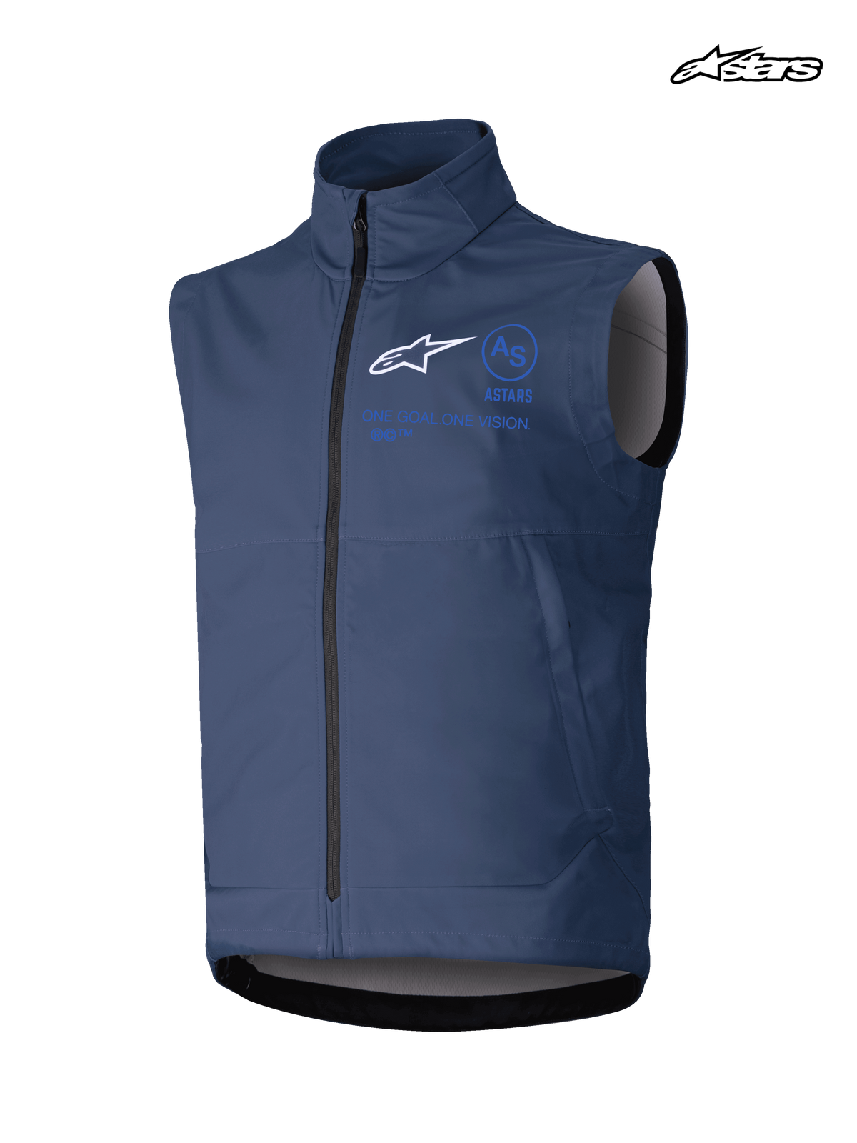 Alpinestars Techstar Softshell Vest, heren motorcrossvest, marineblauw, winddichte stretch softshellconstructie met volledige ritssluiting aan de voorkant en brandinggraphics