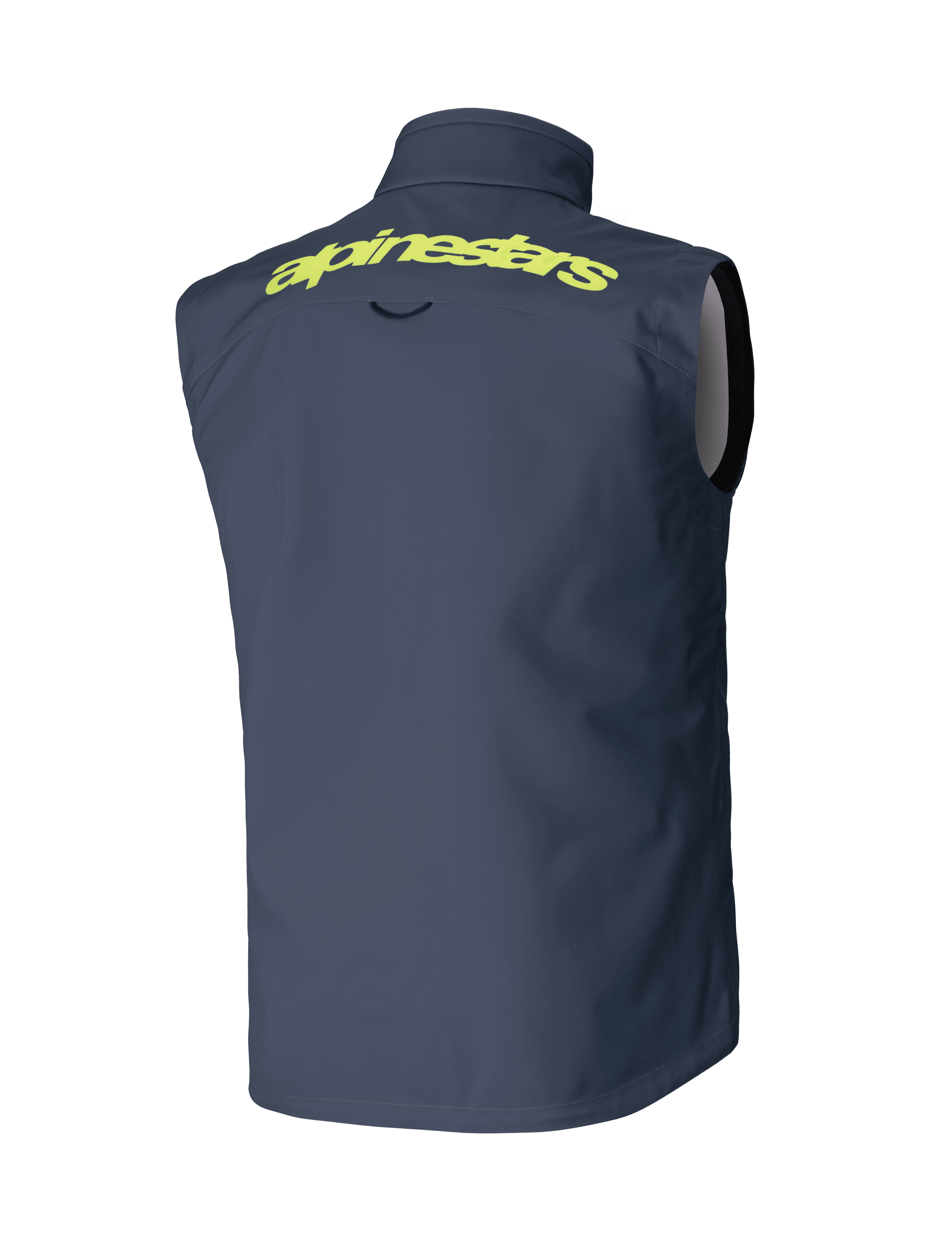 Alpinestars Techstar Softshell Vest, donkergrijs, achteraanzicht, met opvallend geel Alpinestars-woordmerk op de schouders, mouwloos winddicht ontwerp, motorcross en off-road uitrusting