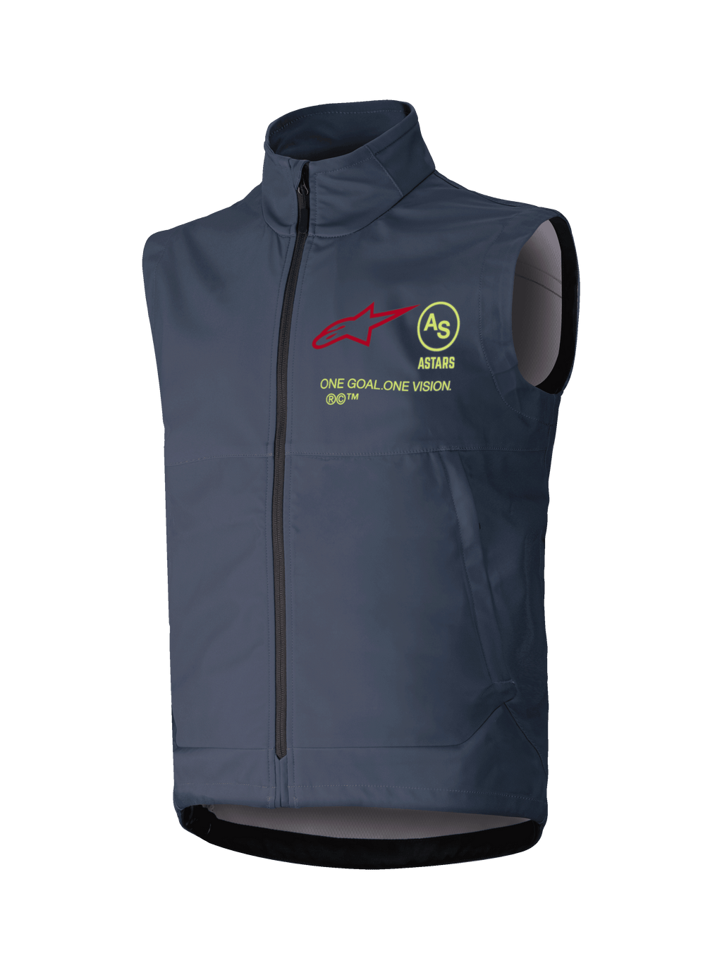 Alpinestars Techstar Softshell Vest, mouwloos motorcrossvest, donkergrijs, hoge kraag met rits aan de voorzijde over de gehele lengte, met een rood sterlogo, geel cirkelvormig AS-embleem, ASTARS-tekst en 'ONE GOAL ONE VISION' slogan op de borst, winddichte laag voor off-road rijden