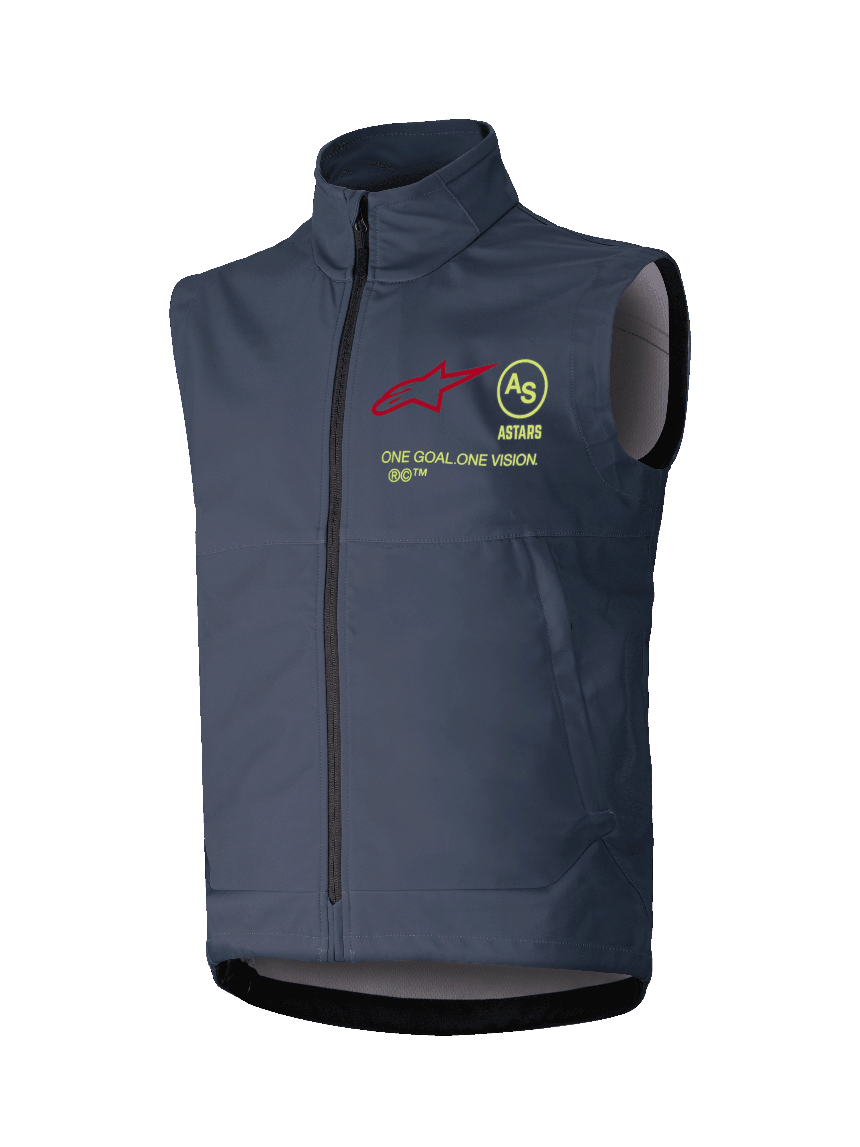 Alpinestars Techstar Softshell Vest, mouwloos motorcrossvest, donkergrijs, hoge kraag met rits aan de voorzijde over de gehele lengte, met een rood sterlogo, geel cirkelvormig AS-embleem, ASTARS-tekst en 'ONE GOAL ONE VISION' slogan op de borst, winddichte laag voor off-road rijden