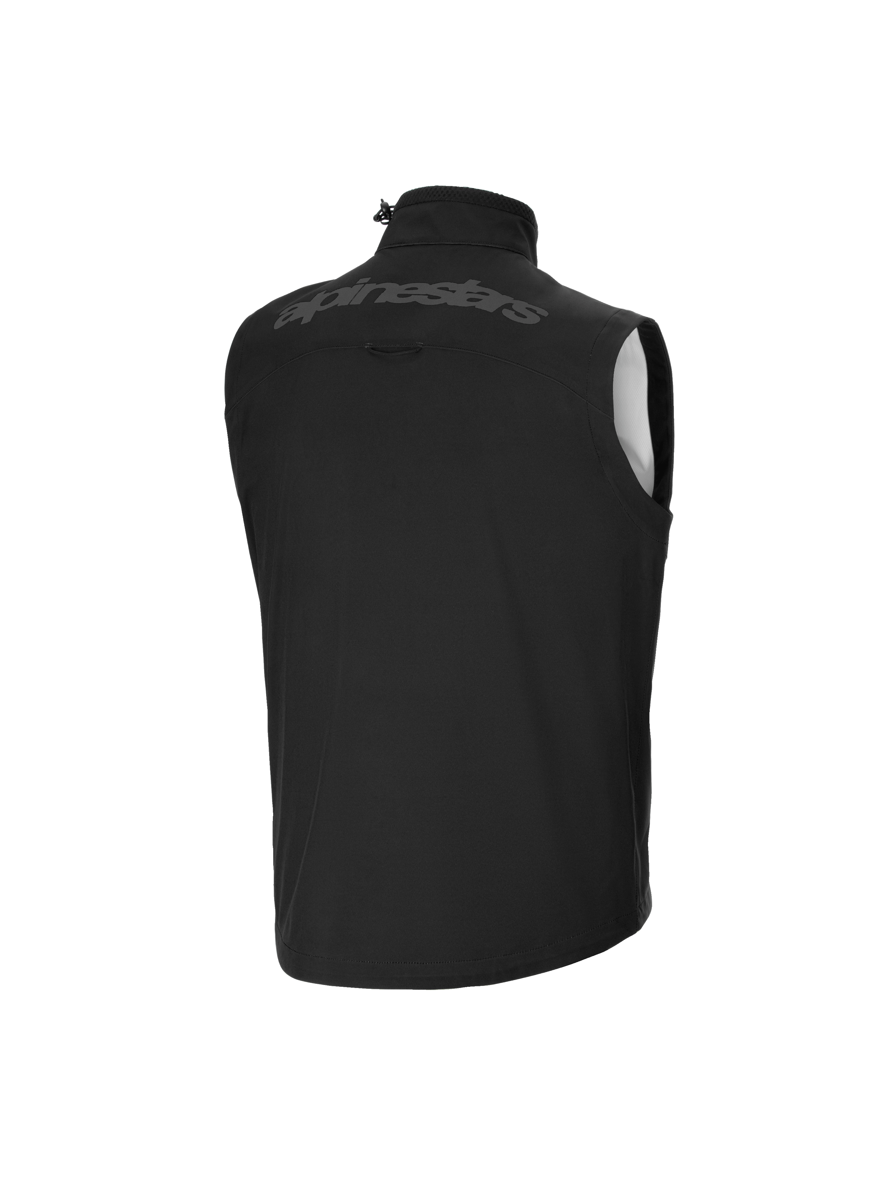 Alpinestars Youth Techstar Softshell Vest, motorcrossvest, zwart, achteraanzicht, met ton-sur-ton Alpinestars-woordmerk op de bovenrug, hoge kraag met trekkoordversteller, lichtgewicht winddicht softshell-materiaal.