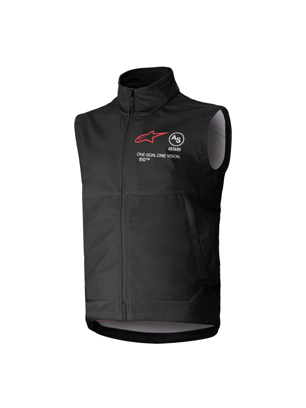 Alpinestars Youth Techstar Softshell Vest, zwart, mouwloos motorcrossvest met rood sterlogo, hoge kraag, ritssluiting aan de voorzijde, "ONE GOAL. ONE VISION." branding, lichtgrijze binnenvoering, jeugd motorsportkleding