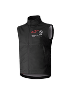 Alpinestars Youth Techstar Softshell Vest, zwart, mouwloos motorcrossvest met rood sterlogo, hoge kraag, ritssluiting aan de voorzijde, "ONE GOAL. ONE VISION." branding, lichtgrijze binnenvoering, jeugd motorsportkleding