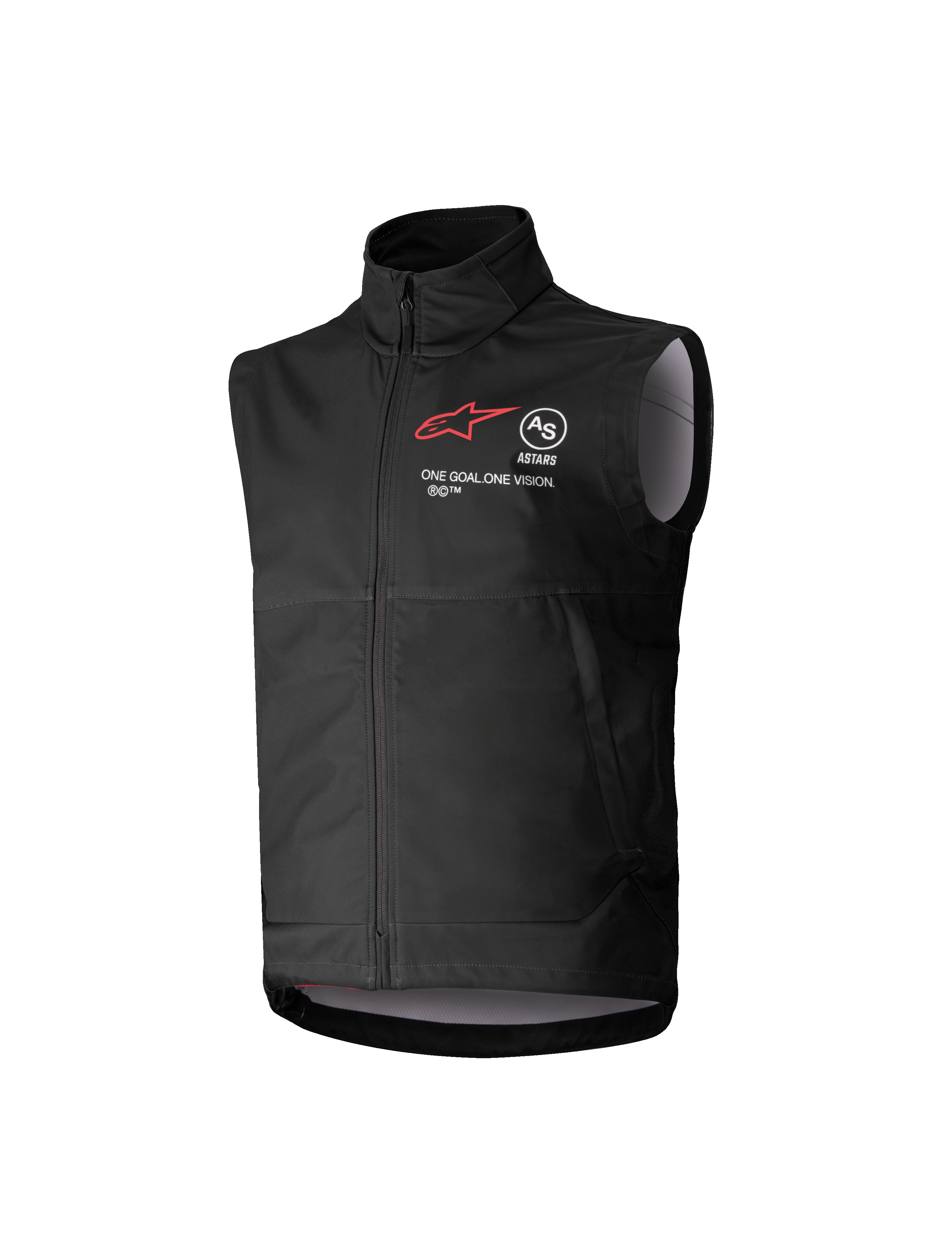 Alpinestars Youth Techstar Softshell Vest, zwart, mouwloos motorcrossvest met rood sterlogo, hoge kraag, ritssluiting aan de voorzijde, "ONE GOAL. ONE VISION." branding, lichtgrijze binnenvoering, jeugd motorsportkleding