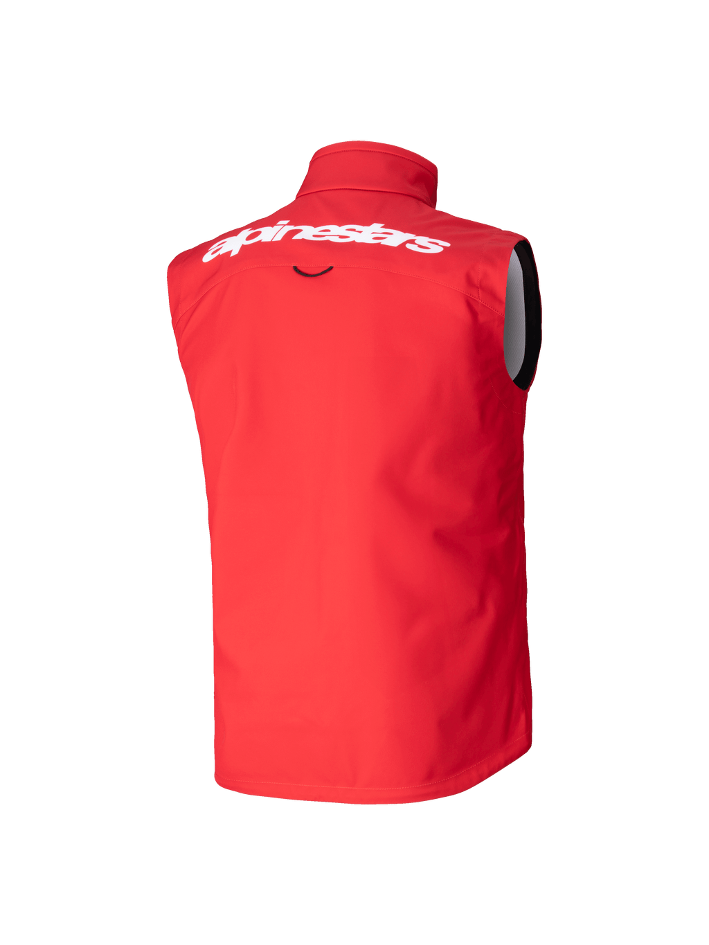 Alpinestars Youth Techstar Softshell Vest, jeugd motorcrossvest, helder rood, achteraanzicht met groot wit Alpinestars-woordmerk op de bovenrug, mouwloos softshell-ontwerp met een hoge kraag voor windbescherming.
