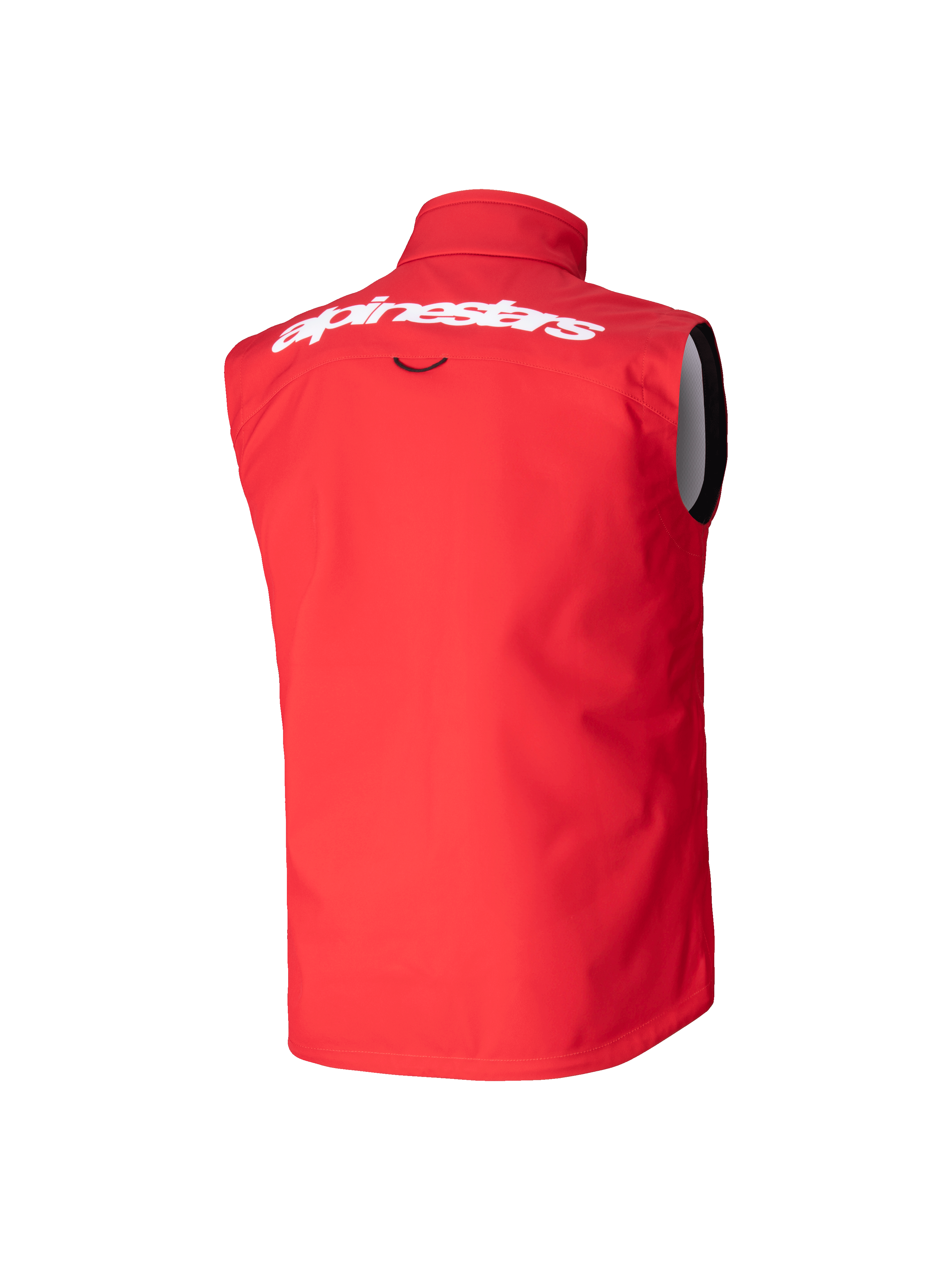 Alpinestars Youth Techstar Softshell Vest, jeugd motorcrossvest, helder rood, achteraanzicht met groot wit Alpinestars-woordmerk op de bovenrug, mouwloos softshell-ontwerp met een hoge kraag voor windbescherming.