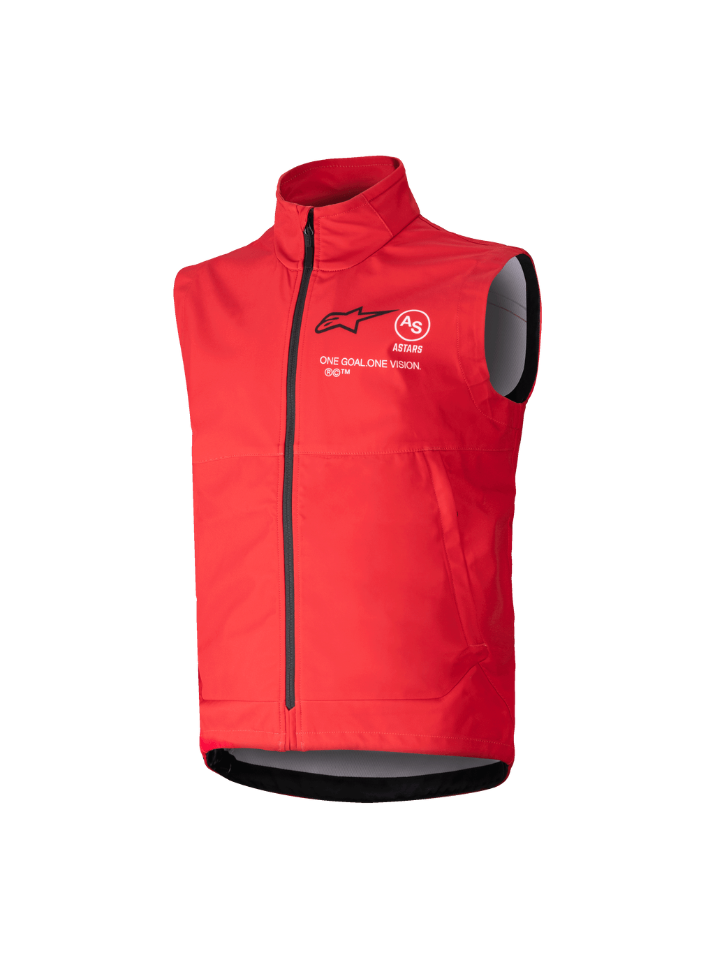 Alpinestars Youth Techstar Softshell Vest, felrood winddicht motorcrossvest voor de jeugd, hoge kraag met zwarte ritssluiting, mouwloos met grijze binnenvoering, zwart logo en witte tekst op de borst
