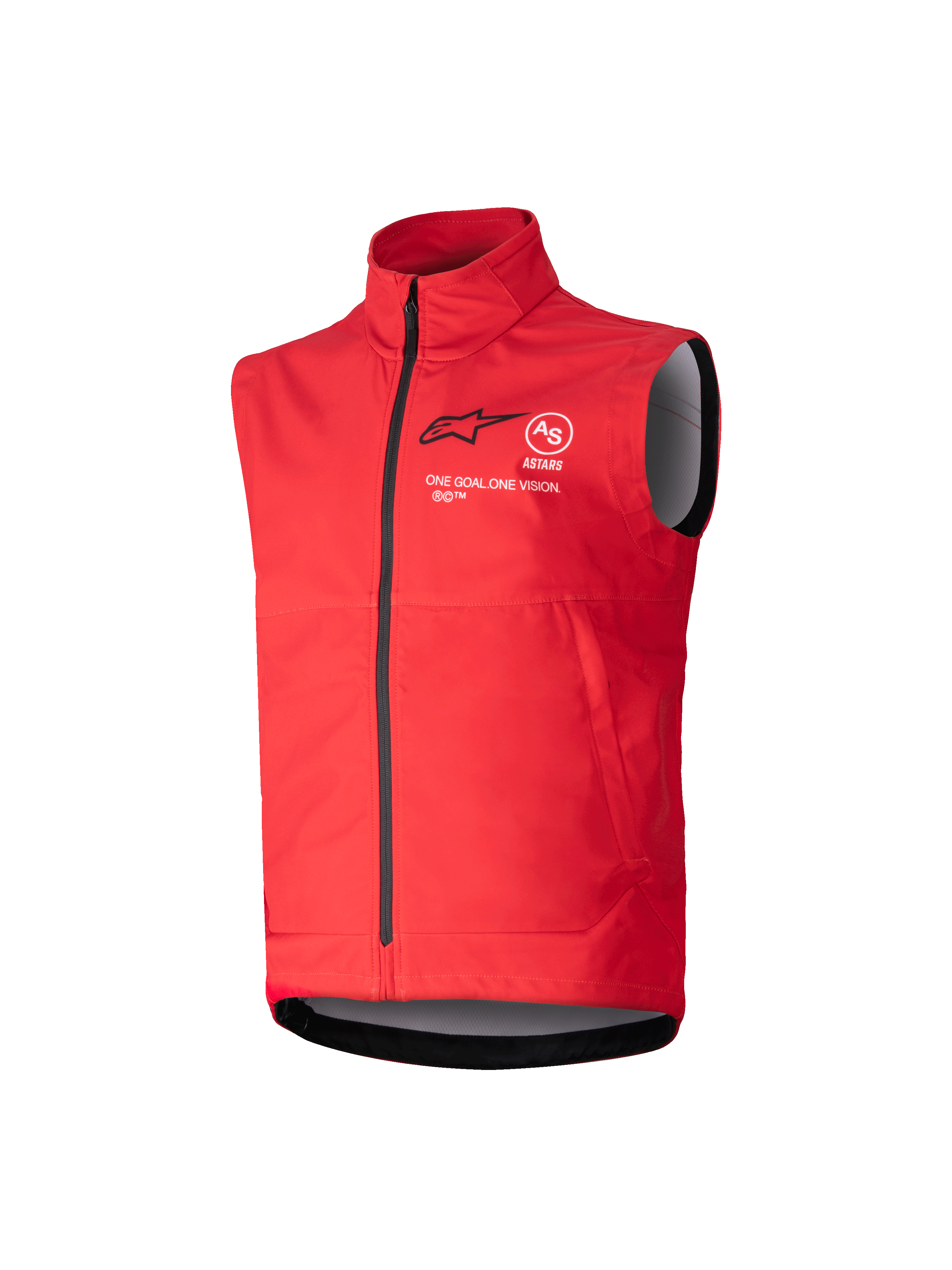 Alpinestars Youth Techstar Softshell Vest, felrood winddicht motorcrossvest voor de jeugd, hoge kraag met zwarte ritssluiting, mouwloos met grijze binnenvoering, zwart logo en witte tekst op de borst