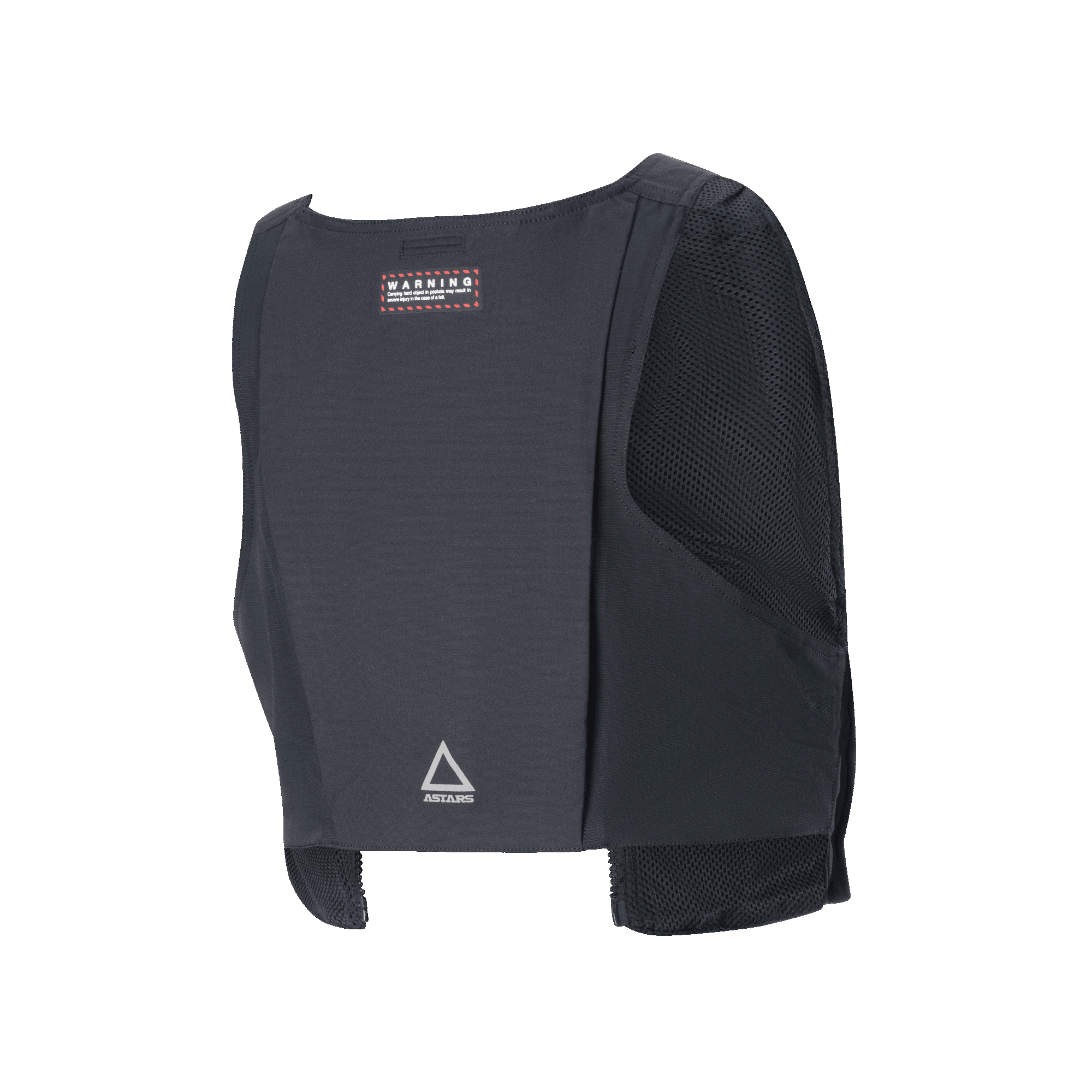 Alpinestars Techdura Tactical Vest, achteraanzicht, zwart duurzaam textiel met mesh zijpanelen, voorzien van een rood waarschuwingslabel en zilveren Astars driehoekig logo op de onderrug, modulair opbergsysteem voor enduro-rijden