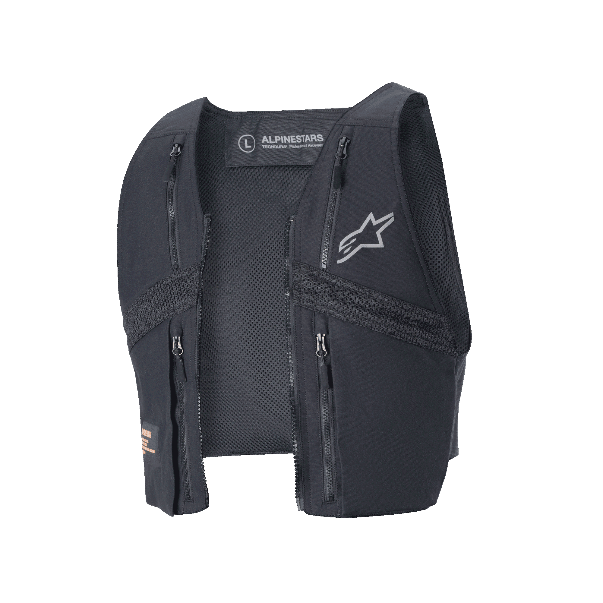 Alpinestars Techdura Tactical Vest, zwart, afneembaar endurovest voor de Techdura Jacket, voorzien van vier borstzakken met ritssluiting, mesh-panelen voor ventilatie en een grijs Alpinestars-logo