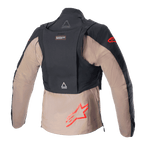 Alpinestars Techdura Jas, Black Falcon Brown, achteraanzicht met de afneembare tactische rugzak, rode Alpinestars sterlogo's, robuuste textielconstructie voor enduro en off-road rijden