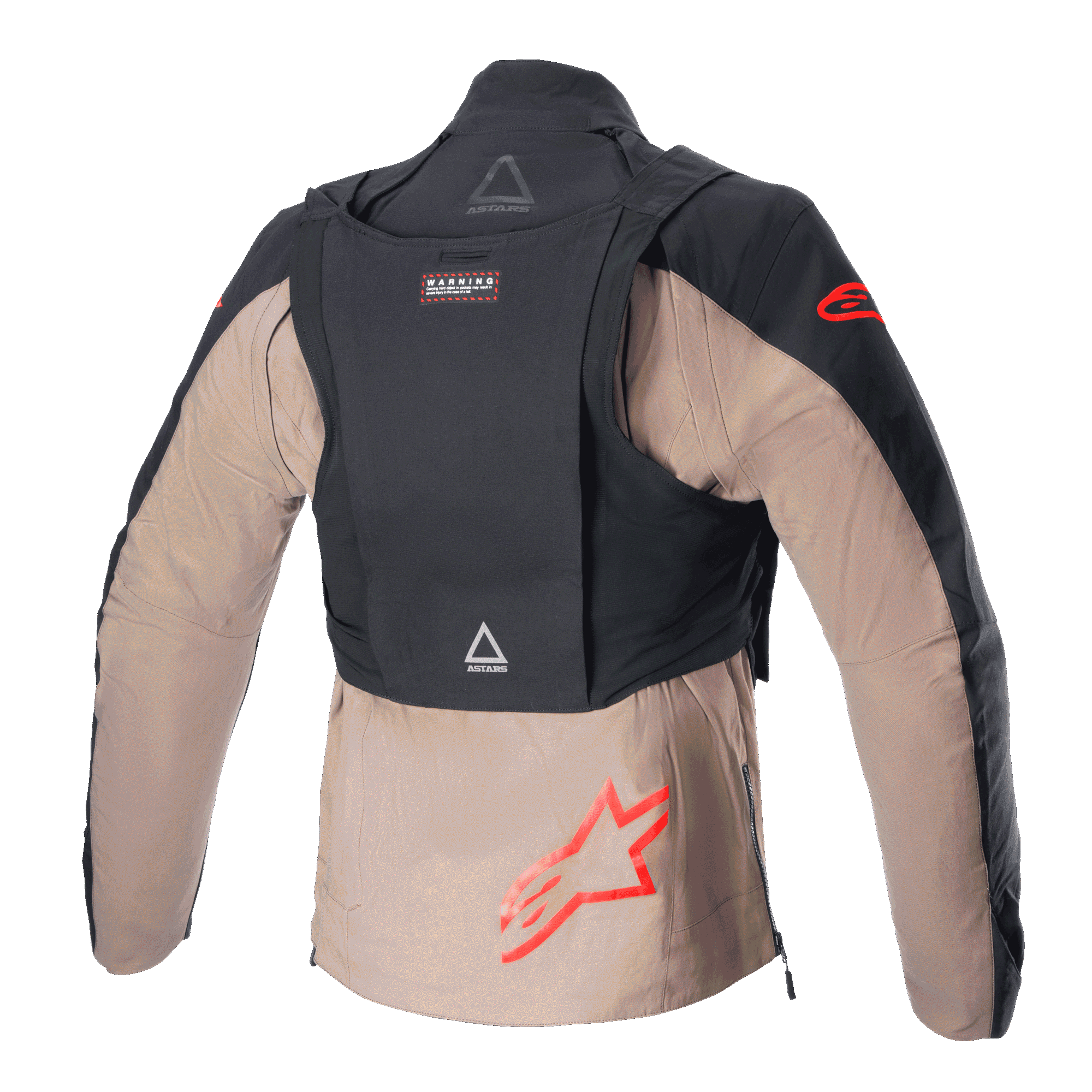 Alpinestars Techdura Jas, Black Falcon Brown, achteraanzicht met de afneembare tactische rugzak, rode Alpinestars sterlogo's, robuuste textielconstructie voor enduro en off-road rijden