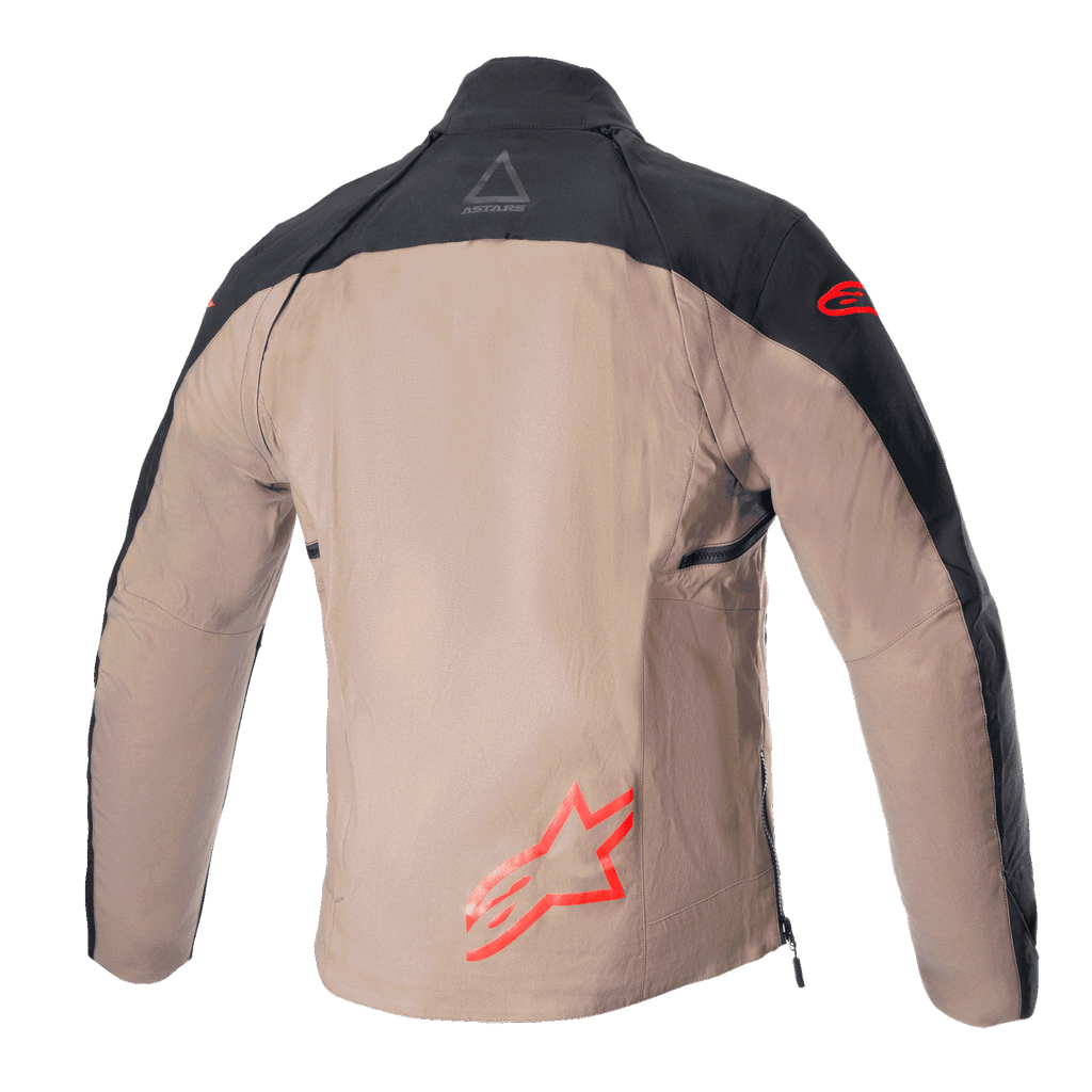 Alpinestars Techdura Jacket, off-road enduro jas, Black Falcon Brown, achteraanzicht zonder tactisch vest, voorzien van rode Astars-logo's en duurzame polyamide canvas constructie