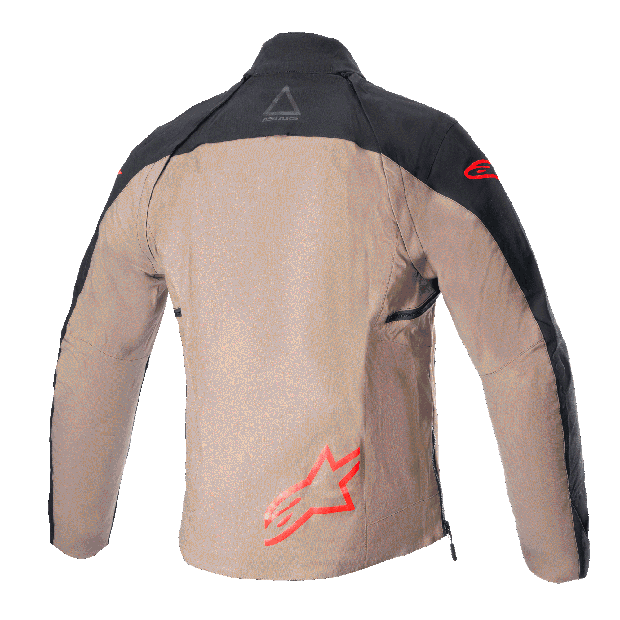 Alpinestars Techdura Jacket, off-road enduro jas, Black Falcon Brown, achteraanzicht zonder tactisch vest, voorzien van rode Astars-logo's en duurzame polyamide canvas constructie