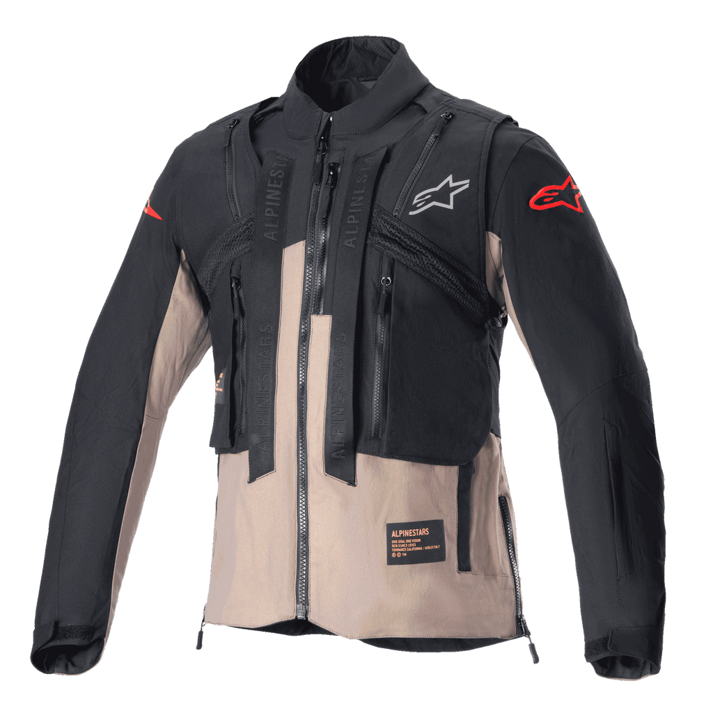 Alpinestars Techdura Jacket, Off-Road Enduro jas, zwart en Falcon Brown, modulair ontwerp met geïntegreerd tactisch vest, meerdere handige zakken, duurzame textielconstructie, Alpinestars-logo's op de borst en mouwen