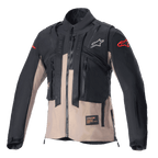 Alpinestars Techdura Jacket, Off-Road Enduro jas, zwart en Falcon Brown, modulair ontwerp met geïntegreerd tactisch vest, meerdere handige zakken, duurzame textielconstructie, Alpinestars-logo's op de borst en mouwen