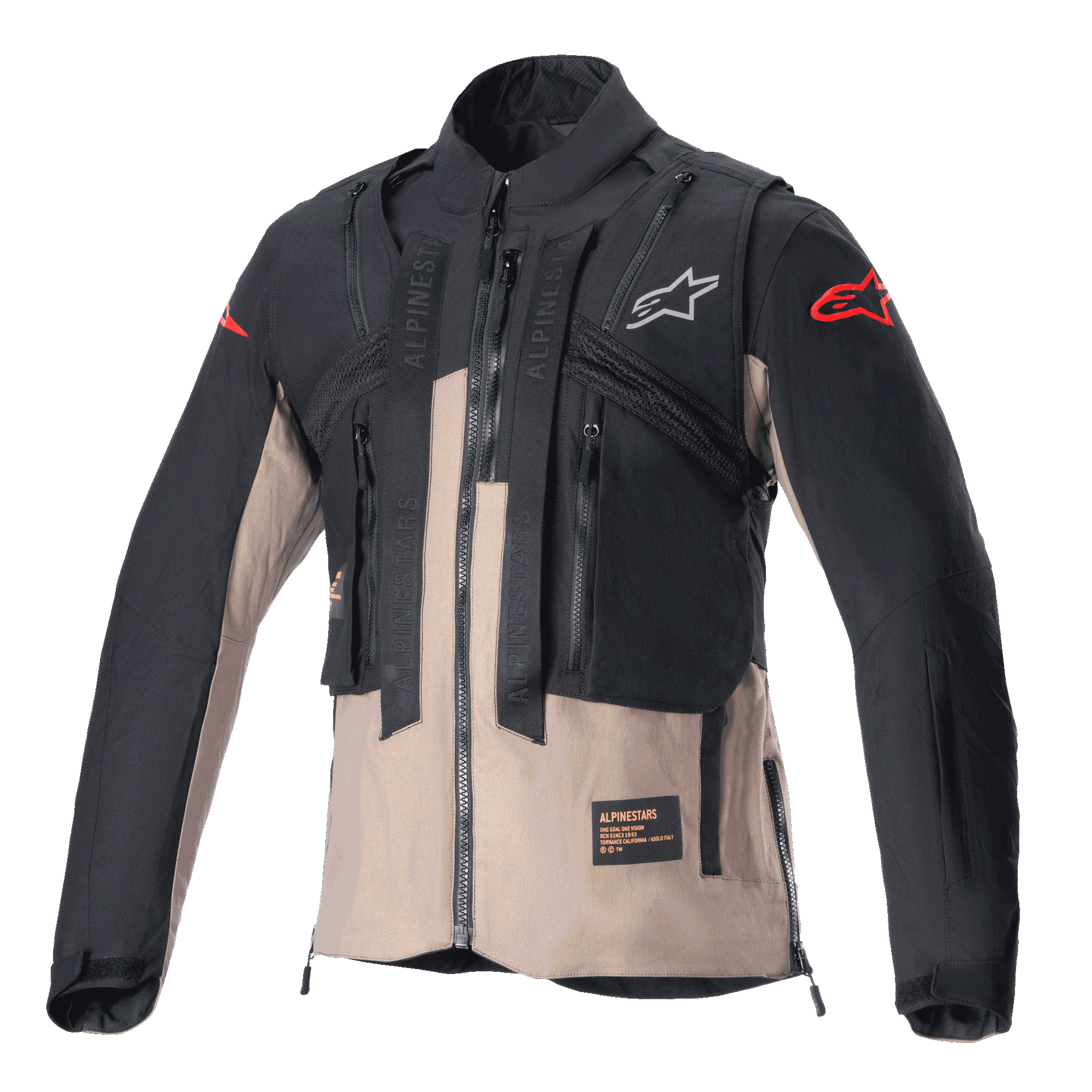 Alpinestars Techdura Jacket, Off-Road Enduro jas, zwart en Falcon Brown, modulair ontwerp met geïntegreerd tactisch vest, meerdere handige zakken, duurzame textielconstructie, Alpinestars-logo's op de borst en mouwen