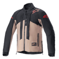 Alpinestars Techdura jas, off-road motorjas, Black Falcon Brown, tweekleurig ontwerp met rode sterlogo's op de schouders en mouwen, verticale banden met Alpinestars-merknaam op de borst, duurzaam textielmateriaal