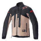 Alpinestars Techdura jas, off-road motorjas, Black Falcon Brown, tweekleurig ontwerp met rode sterlogo's op de schouders en mouwen, verticale banden met Alpinestars-merknaam op de borst, duurzaam textielmateriaal