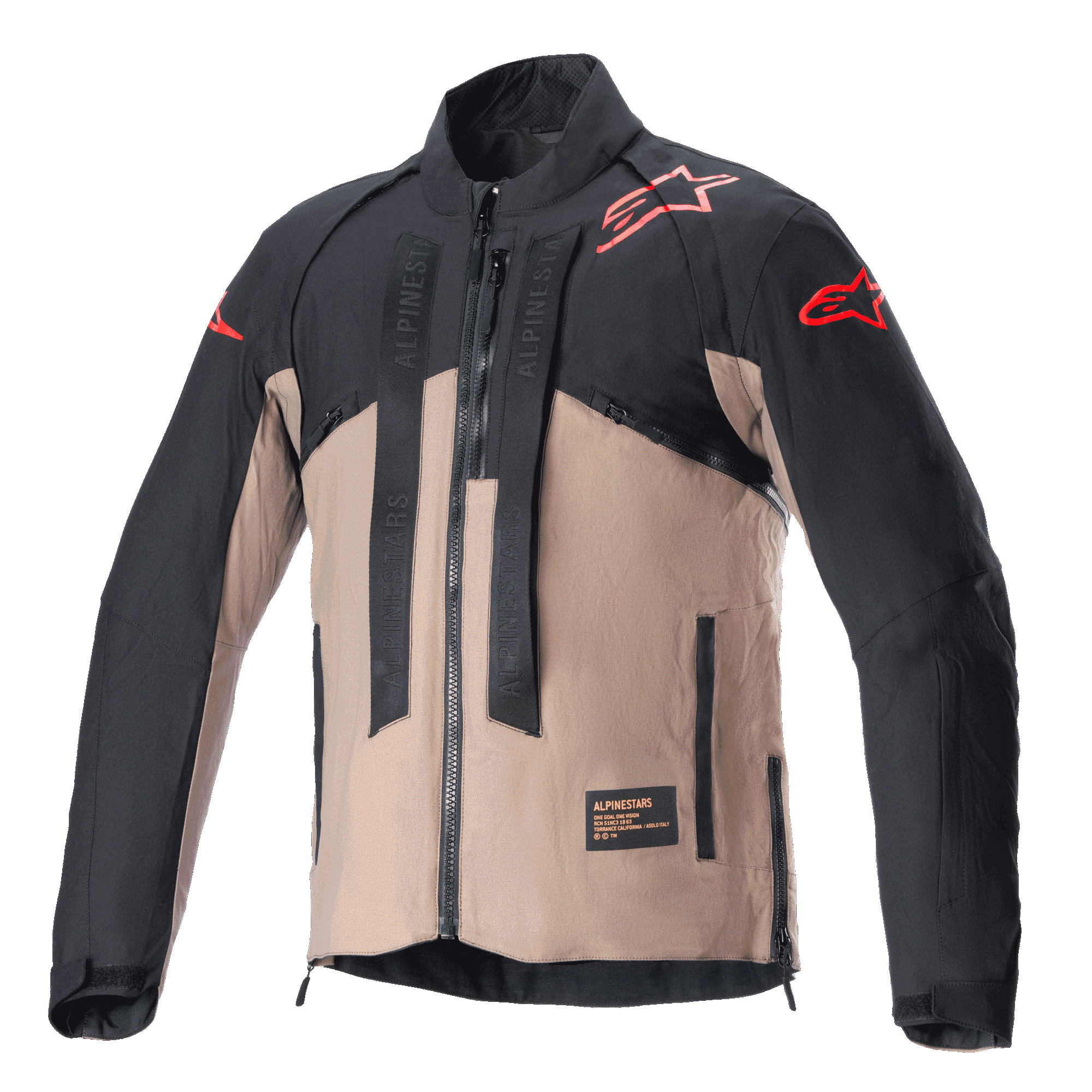 Alpinestars Techdura jas, off-road motorjas, Black Falcon Brown, tweekleurig ontwerp met rode sterlogo's op de schouders en mouwen, verticale banden met Alpinestars-merknaam op de borst, duurzaam textielmateriaal