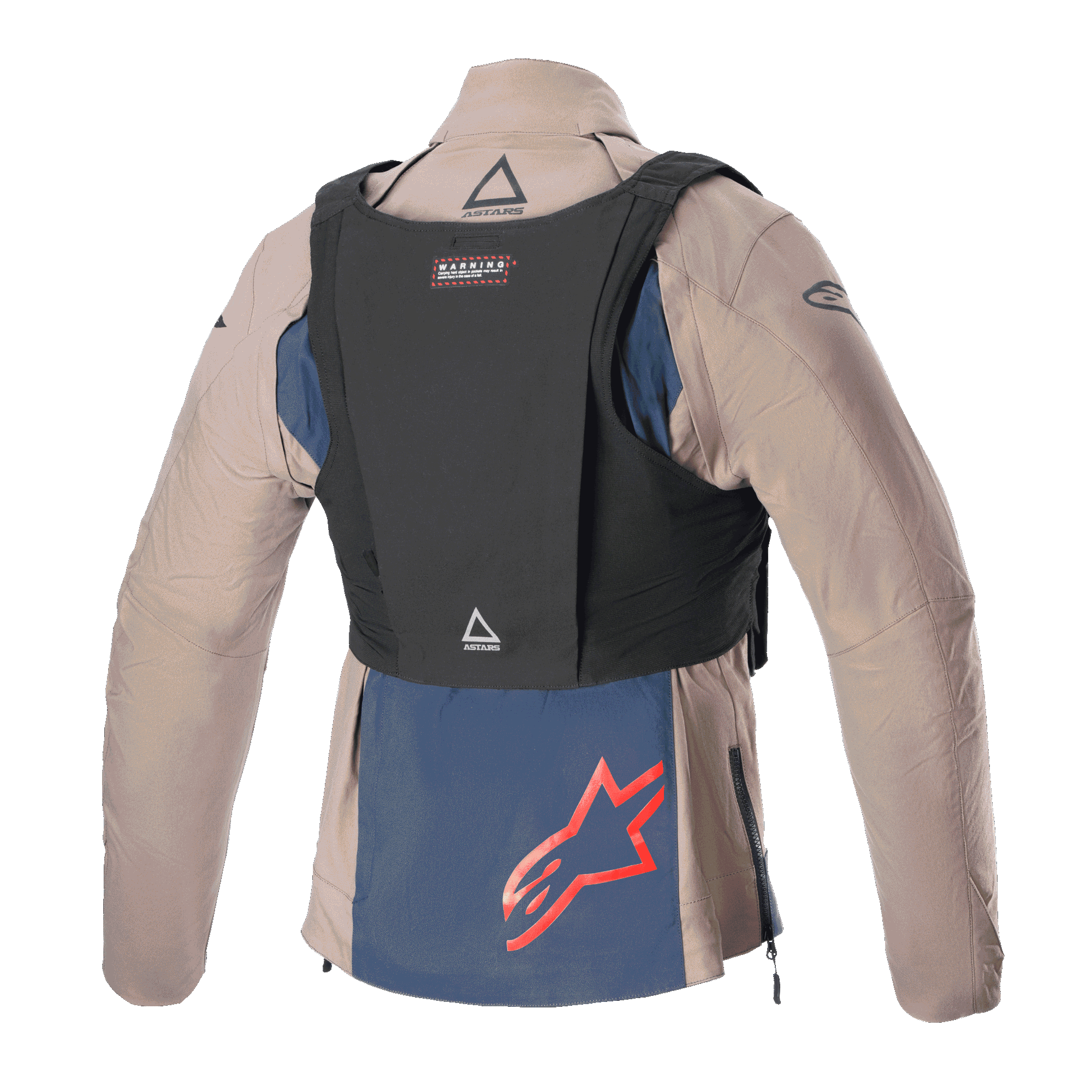 Alpinestars Techdura Jas, Falcon Brown en Night Navy, achteraanzicht met zwart tactisch vest, voorzien van een rood Alpinestars-logo op het donkerblauwe onderpaneel, robuuste textielconstructie voor enduro en off-road rijden