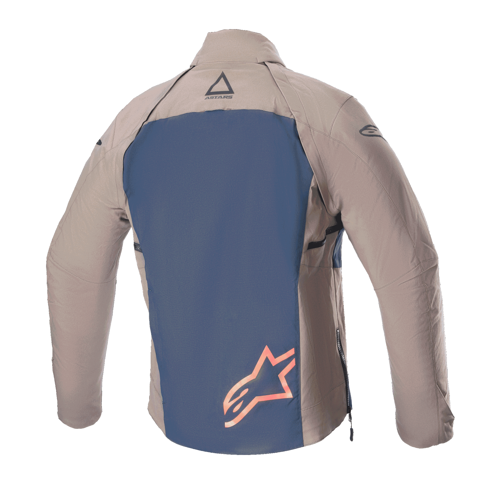 Alpinestars Techdura Jas, achteraanzicht, Falcon Brown en Night Navy, voorzien van een donkerblauw rugpaneel met een groot oranje ster-logo, bruine textielen mouwen en schouders, duurzame stretch polyamide constructie voor enduro- en off-road rijden