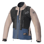 Alpinestars Techdura Jacket, Falcon Brown en Night Navy, voorzien van een afneembaar zwart tactisch vest met meerdere ritszakken, robuuste stretch polyamide constructie, sterlogo op de borst en mouwen, ontworpen voor enduro en off-road rijden.