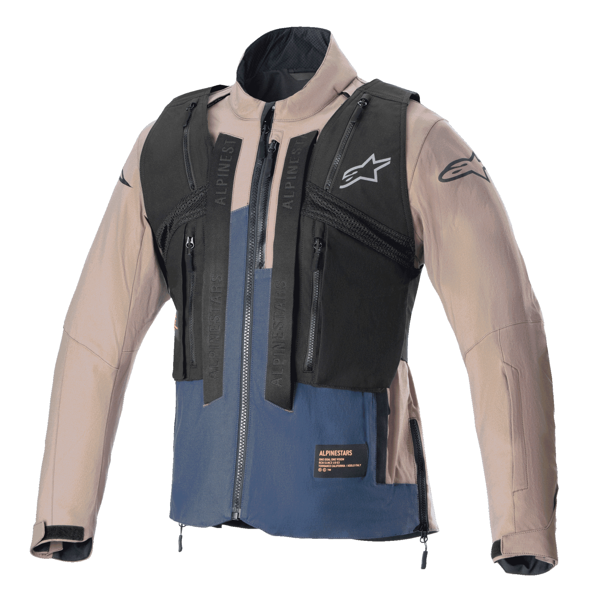 Alpinestars Techdura Jacket, Falcon Brown en Night Navy, voorzien van een afneembaar zwart tactisch vest met meerdere ritszakken, robuuste stretch polyamide constructie, sterlogo op de borst en mouwen, ontworpen voor enduro en off-road rijden.