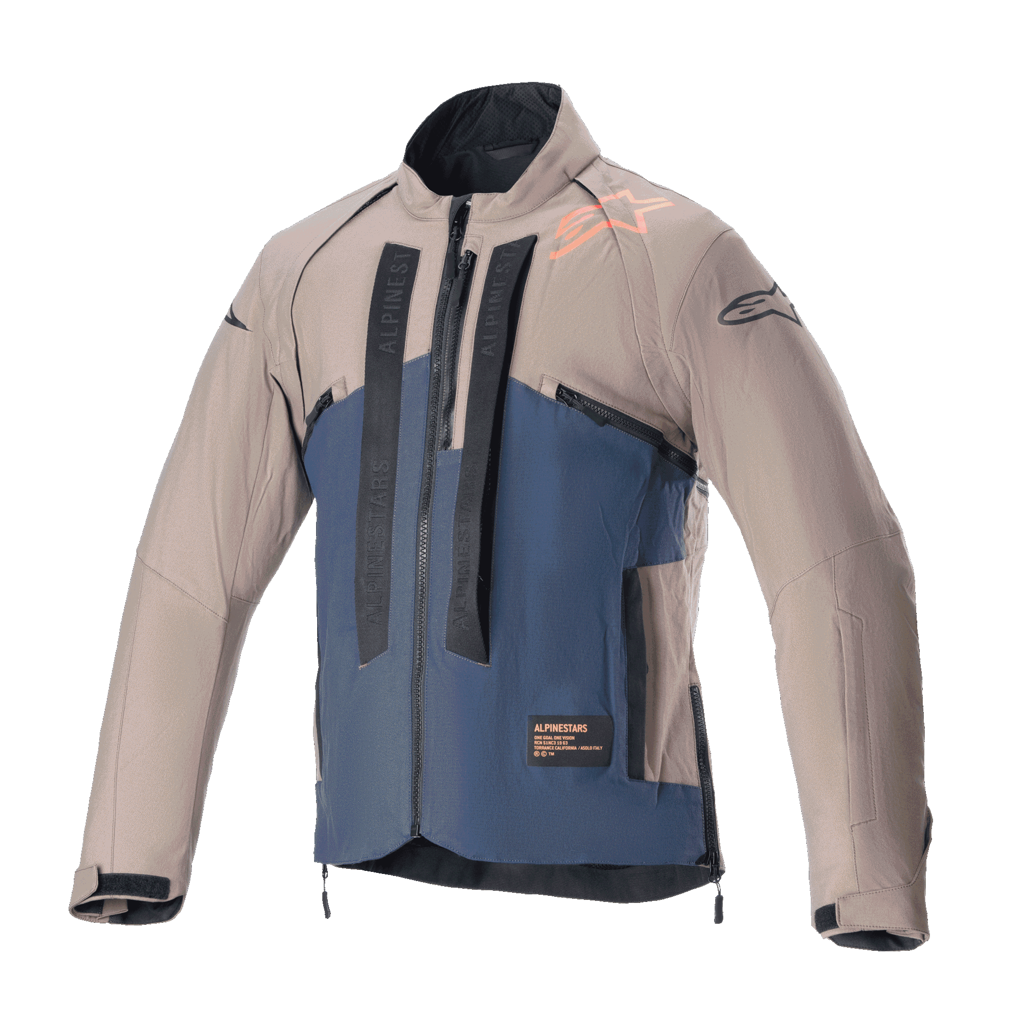 Alpinestars Techdura jas, off-road motorjas, Falcon Brown en Night Navy, vooraanzicht, tweekleurige constructie met verticale zwarte Alpinestars-branding, oranje logo op de schouder, hoge kraag en ritssluiting aan de voorzijde, technische kleding voor enduro- en adventure-rijden.