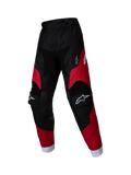 Alpinestars 2025 Kids Racer Veil broek, jeugd motorcrossbroek, zwart en helderrood, witte logo's op de dijen en knieën, witte enkelboorden, voorgevormd ergonomisch ontwerp, duurzaam materiaal voor off-road racen