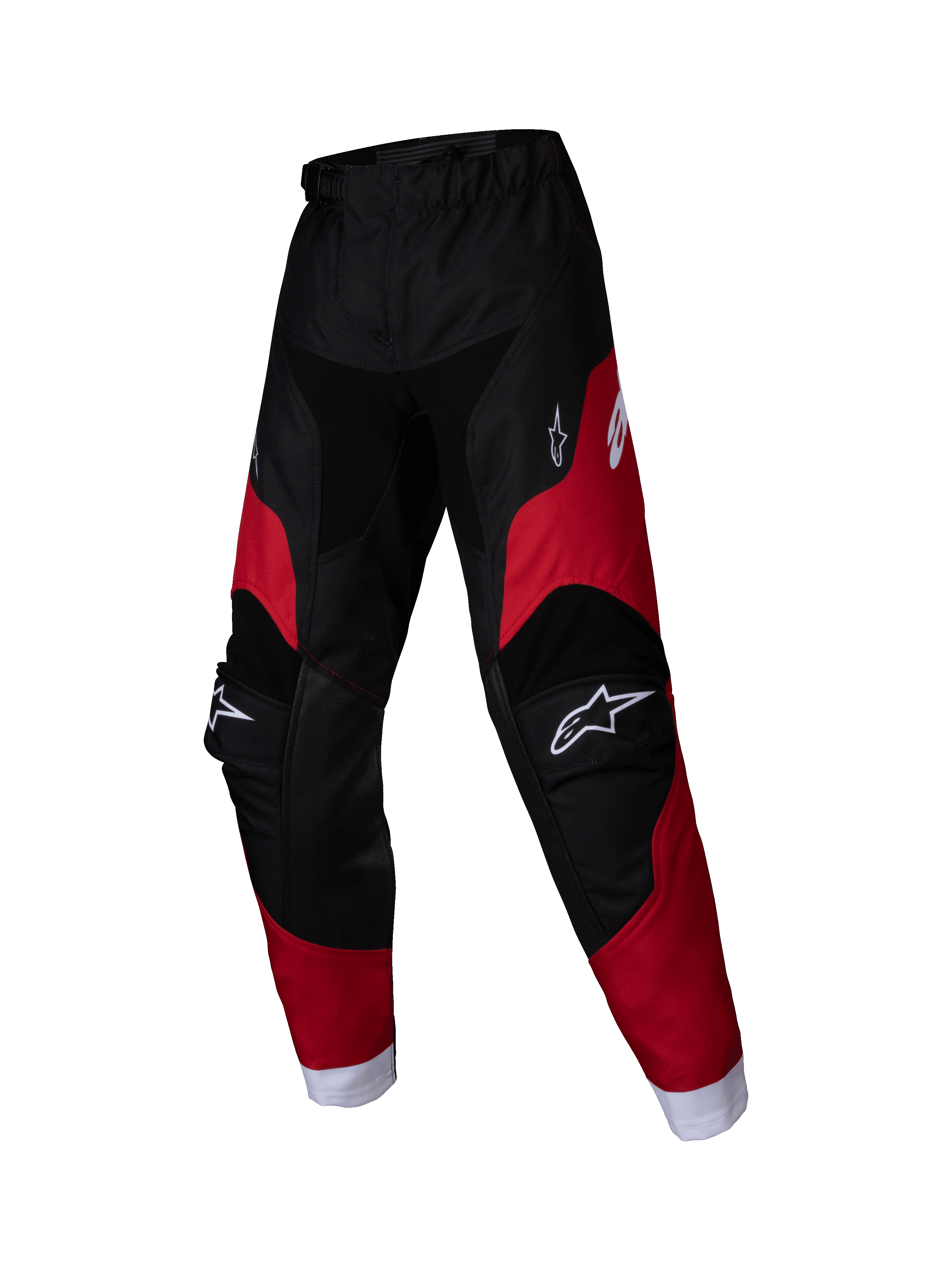Alpinestars 2025 Kids Racer Veil broek, jeugd motorcrossbroek, zwart en helderrood, witte logo's op de dijen en knieën, witte enkelboorden, voorgevormd ergonomisch ontwerp, duurzaam materiaal voor off-road racen