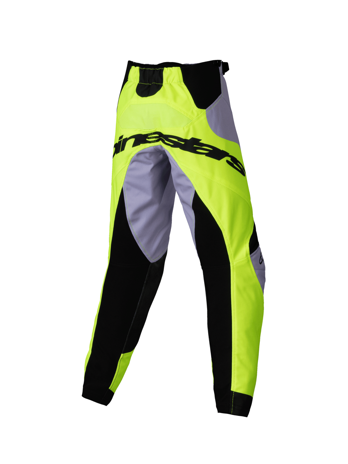 Alpinestars 2025 Kids Racer Veil broek, motorcross broek, grijs en fluoriserend geel, met zwarte stretchpanelen en Alpinestars-logo op de achterzijde, sportief ergonomisch ontwerp voor jeugd off-road racen
