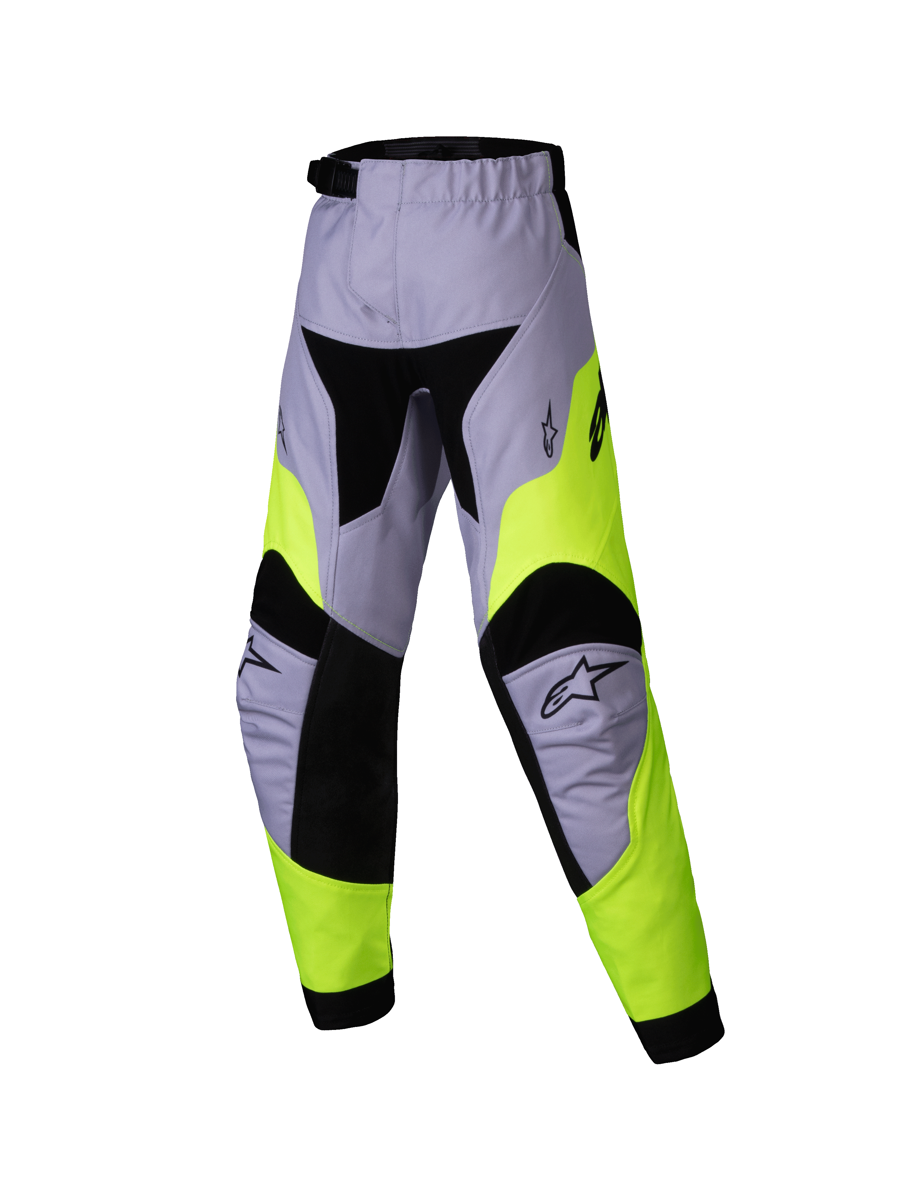 Alpinestars 2025 Kids Racer Veil Pants, kinder motorcrossbroek, grijs en neongeel, technisch multi-panel ontwerp met zwarte accenten, Alpinestars sterlogo's op de knieën, duurzaam textiel voor off-road racen
