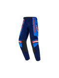 Alpinestars 2026 Kids Racer Nomur Pants, Youth Motocross Pants, Dark Navy and UCLA Blue with Orange accents, featuring black leather inner knee panels, orange side stripes, white Astars logo, and pre-curved design for off-road racing