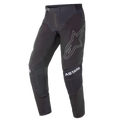 Alpinestars 2021 Techstar Phantom broek, motorcrossbroek, zwart met witte accenten, groot wit omlijnd sterlogo op de dij, ASTARS-branding op de knieën, technische ripstop-stof met geperforeerde zones, 3D Babel-knieconstructie voor off-road raceprestaties