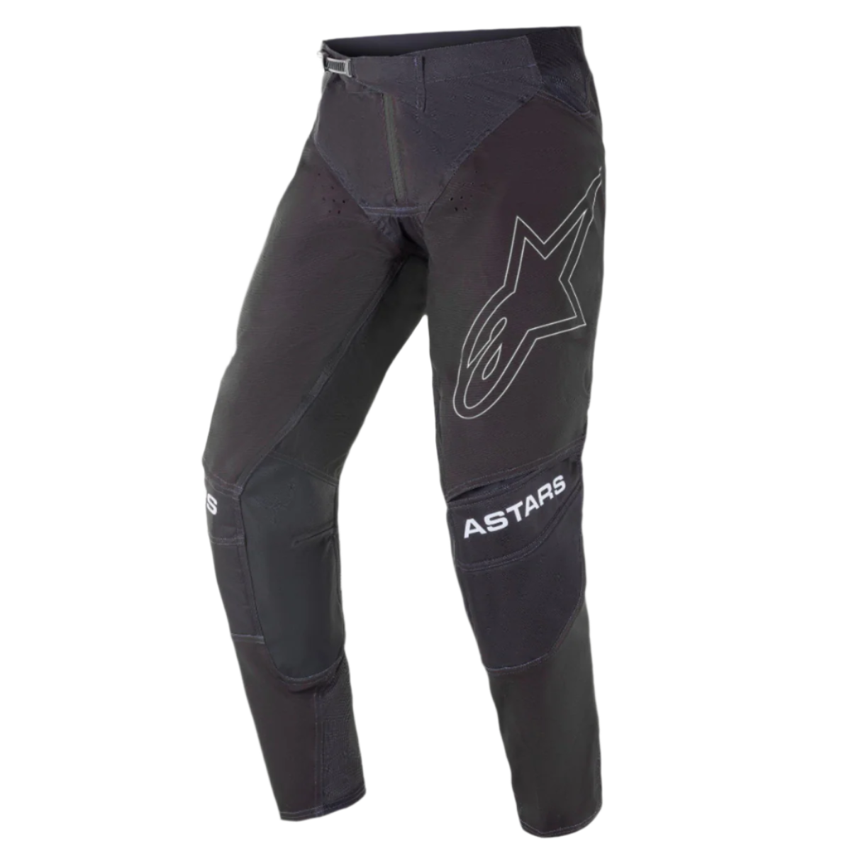 Alpinestars 2021 Techstar Phantom broek, motorcrossbroek, zwart met witte accenten, groot wit omlijnd sterlogo op de dij, ASTARS-branding op de knieën, technische ripstop-stof met geperforeerde zones, 3D Babel-knieconstructie voor off-road raceprestaties