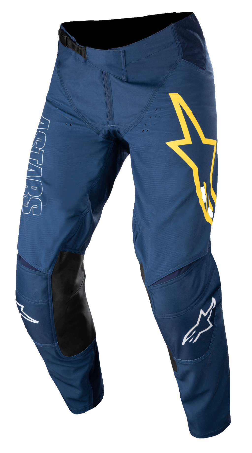 Alpinestars Techstar Phantom Pants, Motocross Racing Pants, Dark Blue with Yellow and White accents, featuring black leather knee panels, large yellow star logo on thigh, white ASTARS branding, durable stretch rip-stop fabric for off-road racing