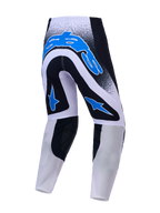 Alpinestars Supertech Hiten AFD Motocross Pants, rear view in black, white, and blue with stretch mesh construction.