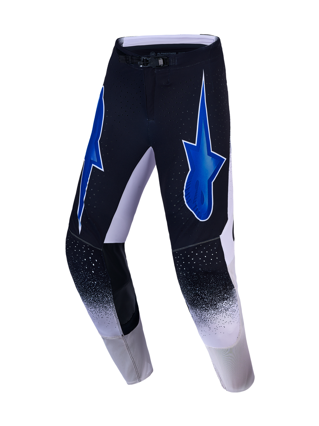 Alpinestars Supertech Hiten AFD Motocross Pants in black and white with blue star graphics and performance ventilation.