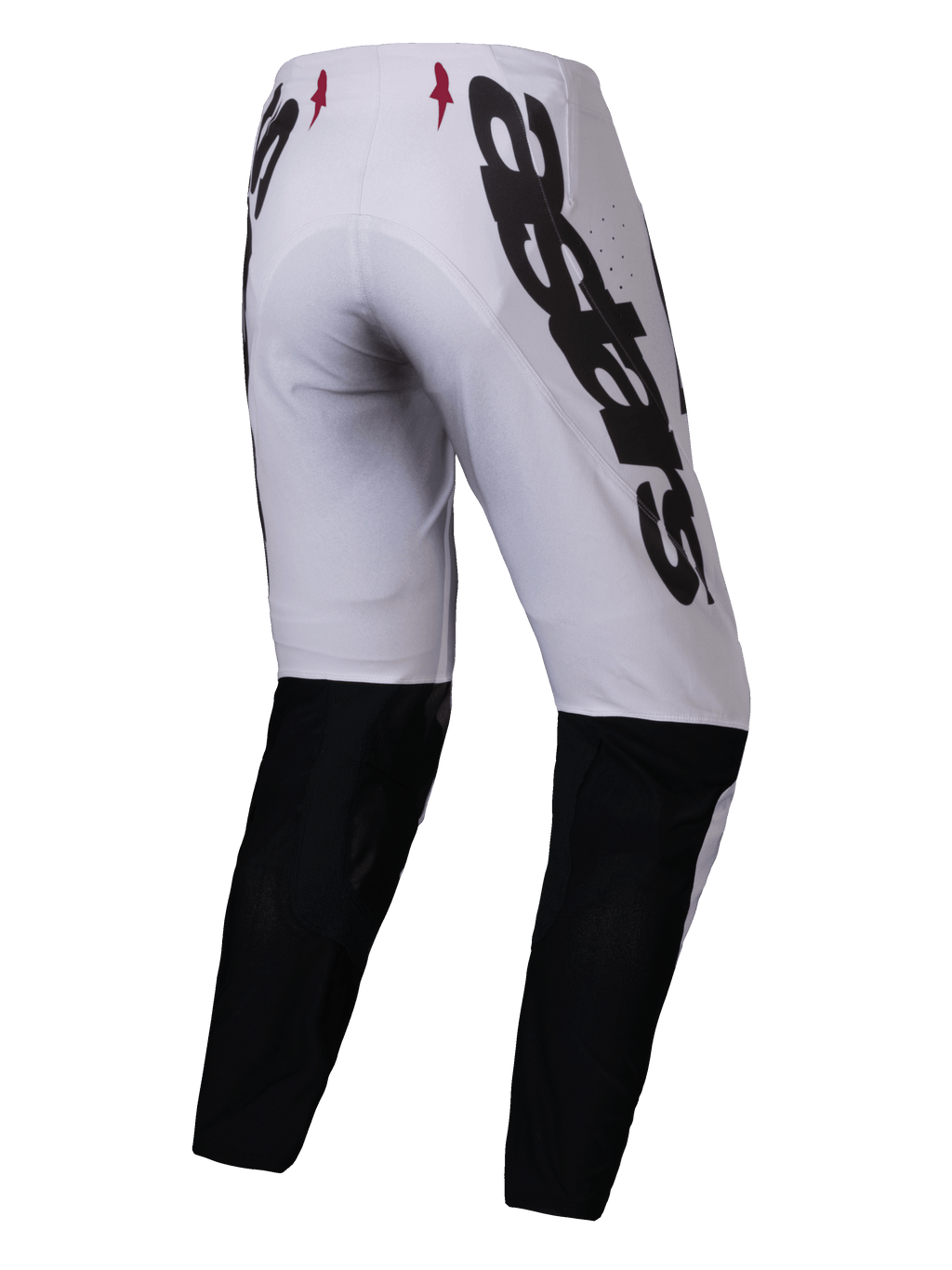 Alpinestars 2025 Supertech Maker broek, motorcross broek, zilver met zwart, achteraanzicht met grote zwarte Alpinestars-branding op de zijkant, zwarte panelen op de onderbenen en kleine rode sterlogo's op de tailleband, ontworpen voor professionele off-road prestaties