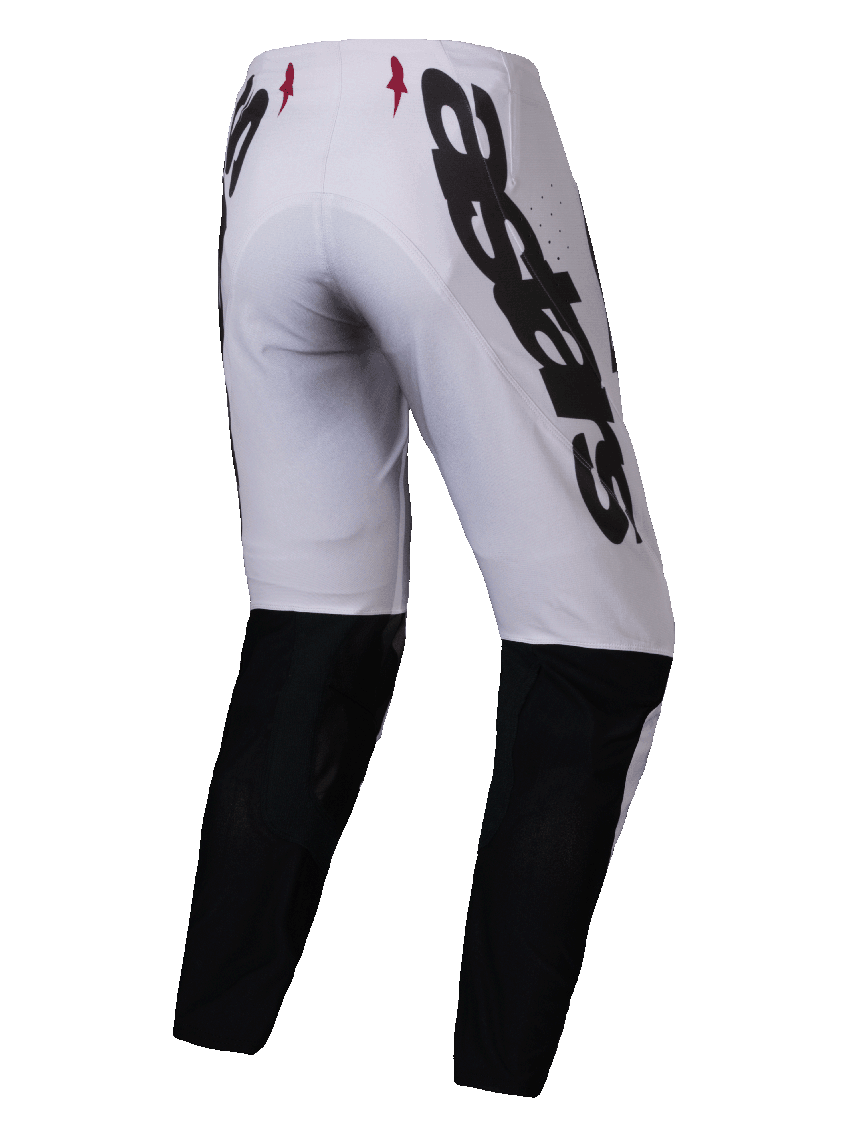 Alpinestars 2025 Supertech Maker broek, motorcross broek, zilver met zwart, achteraanzicht met grote zwarte Alpinestars-branding op de zijkant, zwarte panelen op de onderbenen en kleine rode sterlogo's op de tailleband, ontworpen voor professionele off-road prestaties